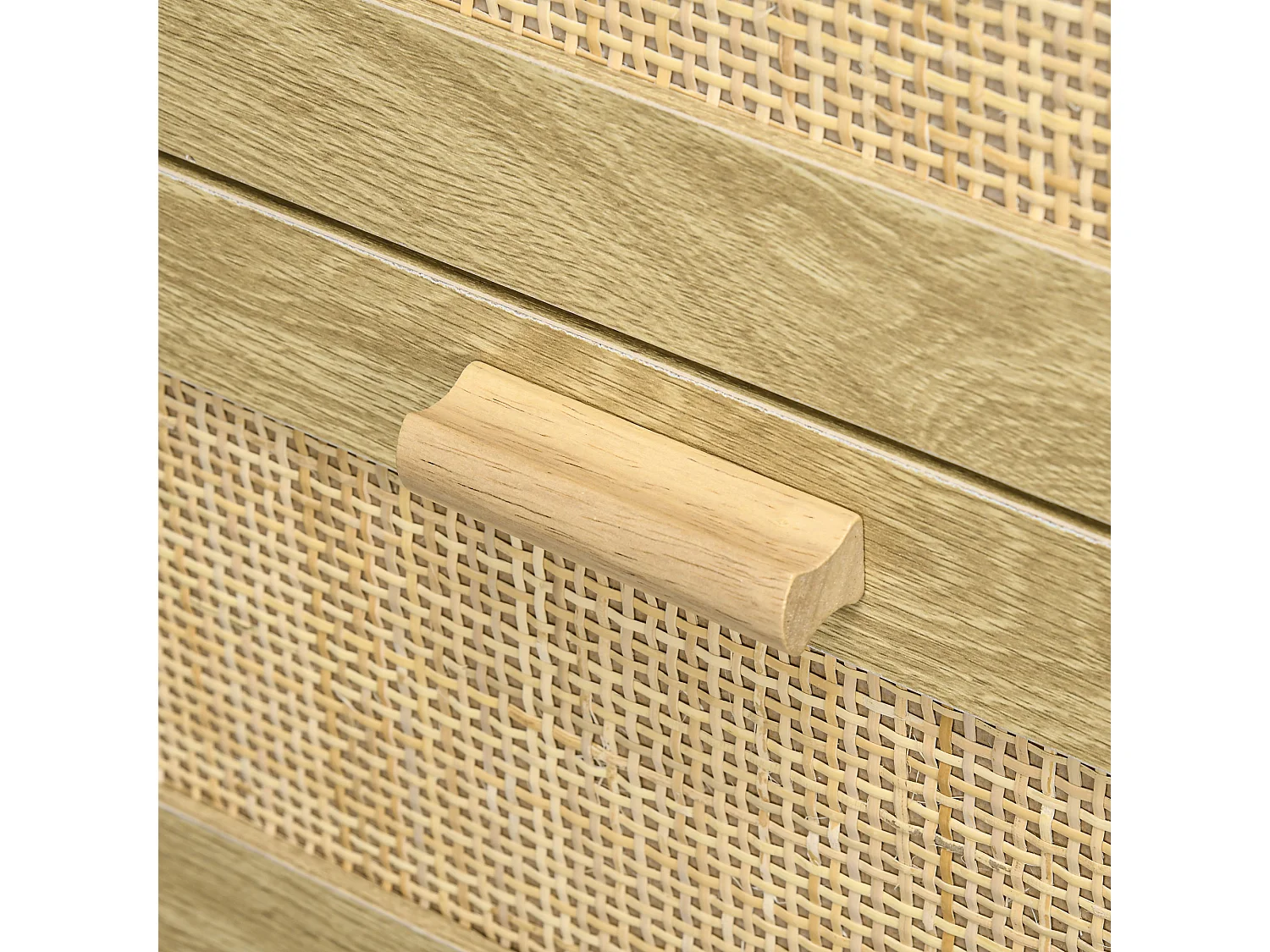 Cassettiera 4 cassetti stile boho in legno e rattan colore rovere