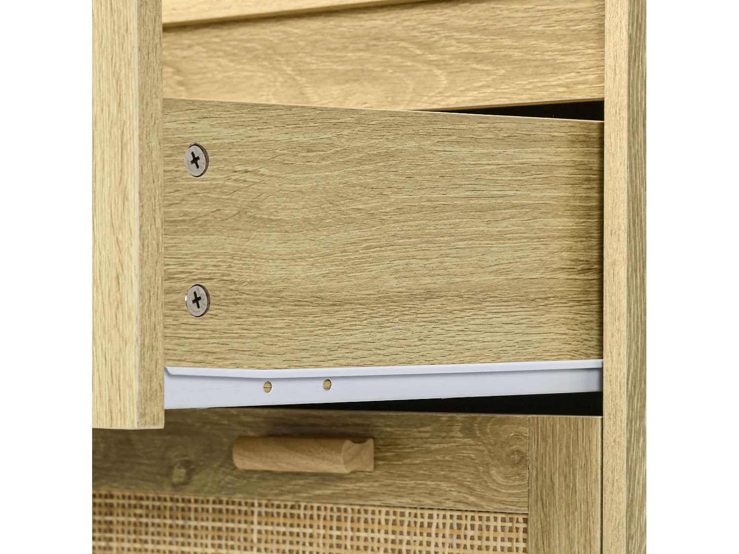 Cassettiera 4 cassetti stile boho in legno e rattan colore rovere