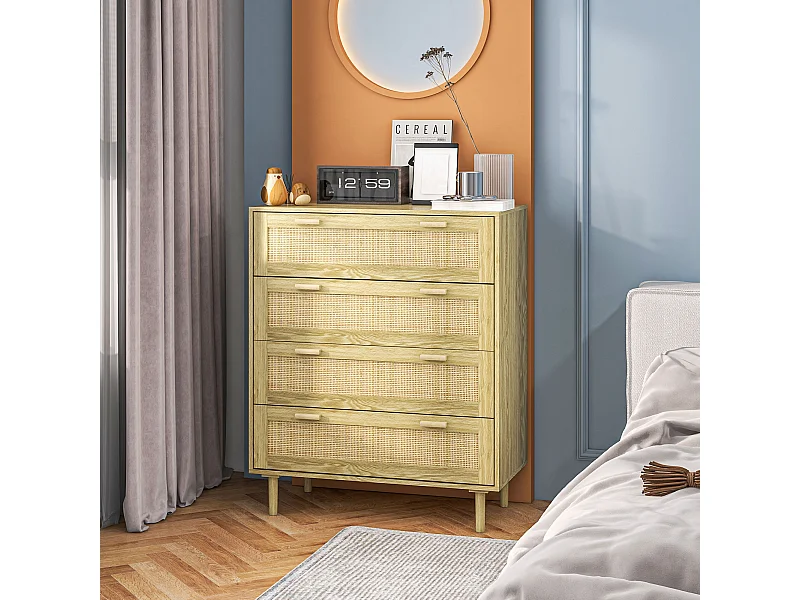 Cassettiera 4 cassetti stile boho in legno e rattan colore rovere