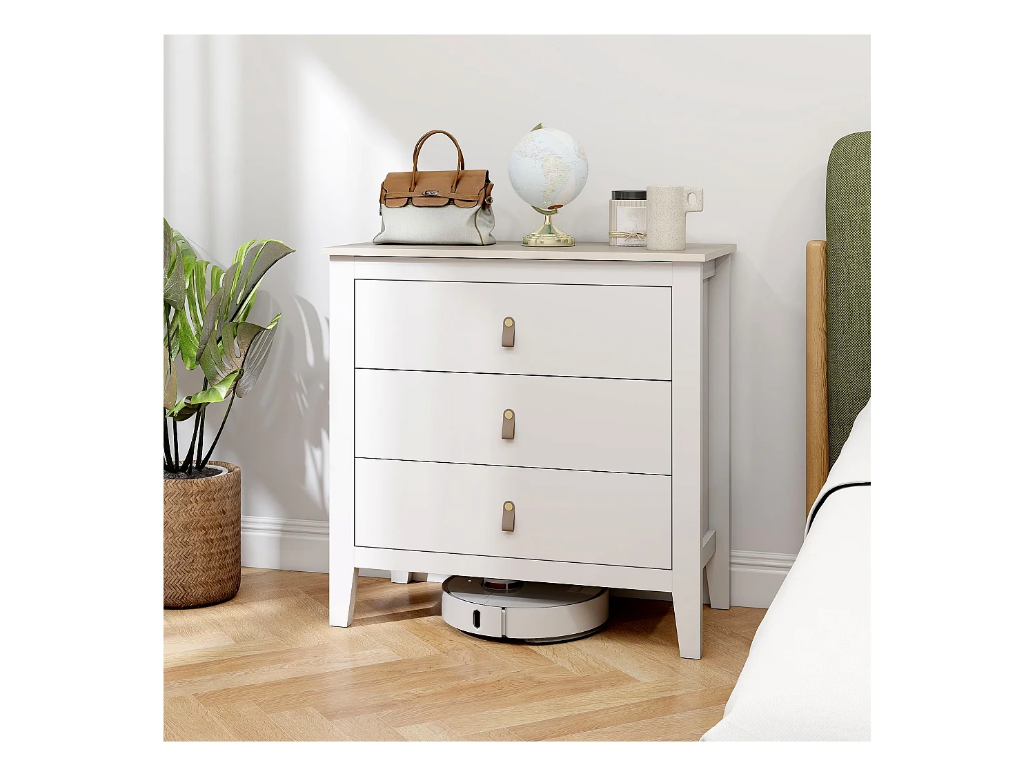 Cassettiera 3 cassetti con maniglie in finta pelle bianco