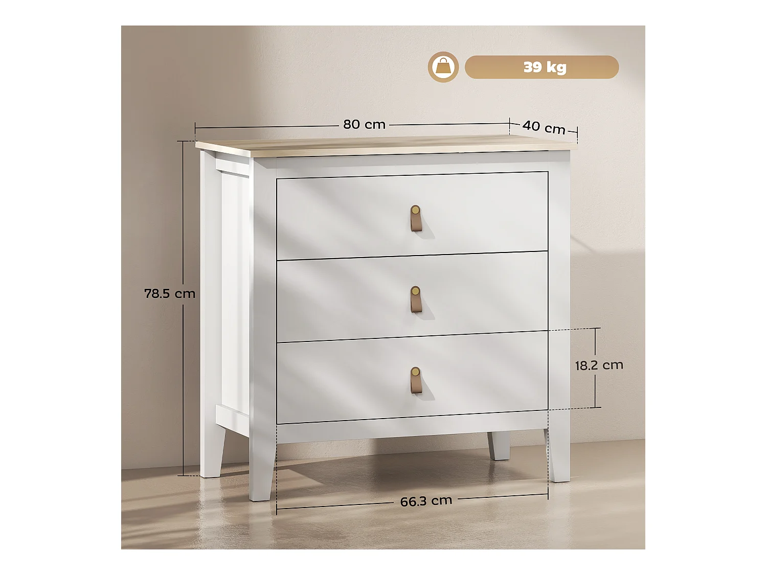 Cassettiera 3 cassetti con maniglie in finta pelle bianco