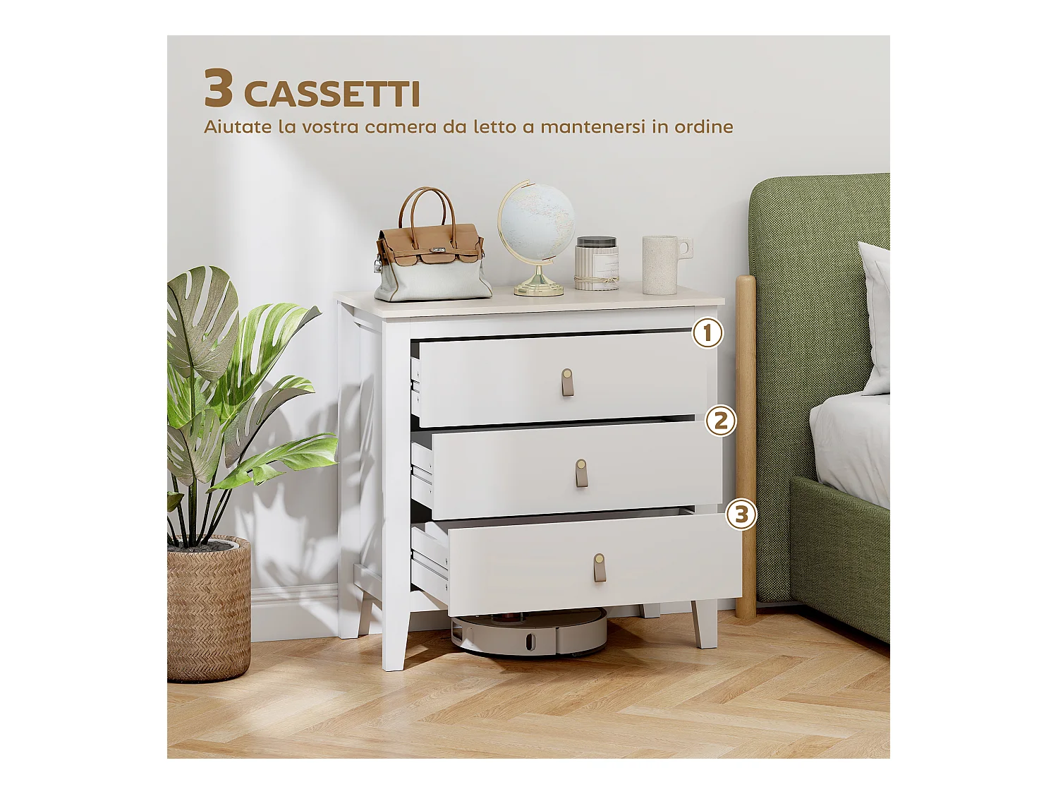 Cassettiera 3 cassetti con maniglie in finta pelle bianco