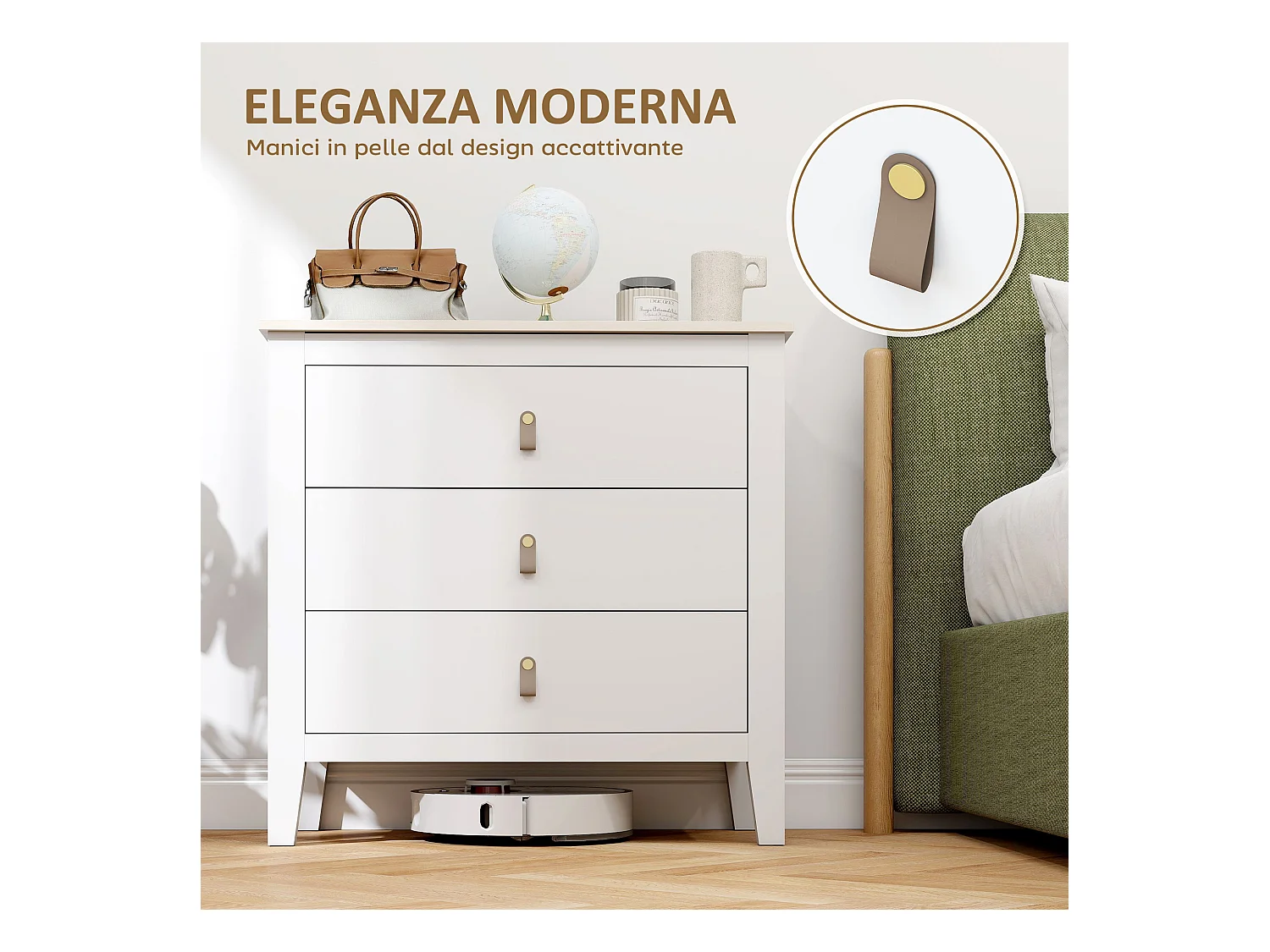 Cassettiera 3 cassetti con maniglie in finta pelle bianco