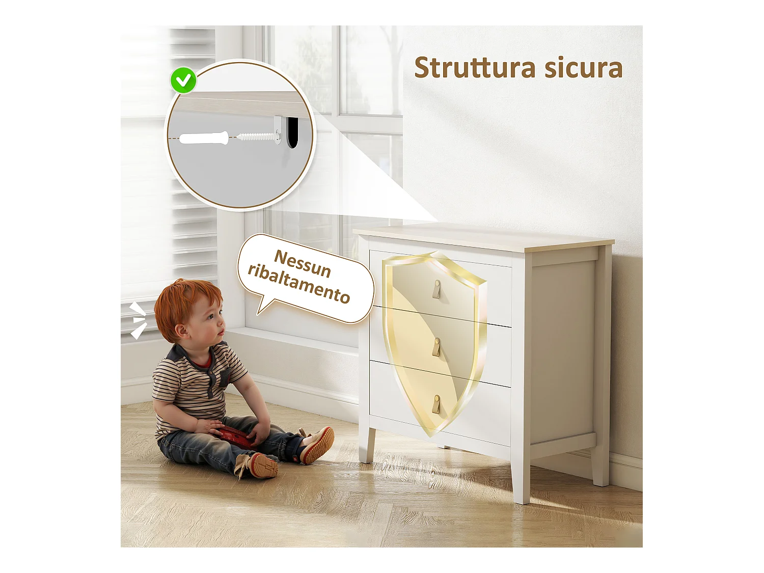 Cassettiera 3 cassetti con maniglie in finta pelle bianco