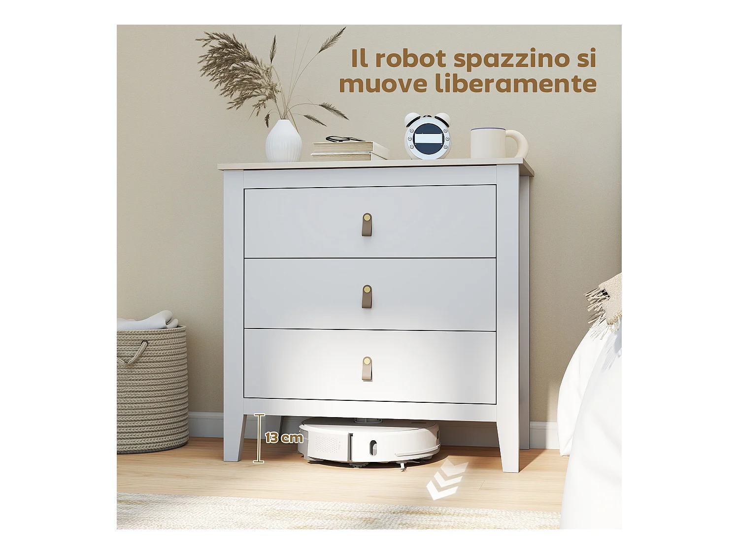 Cassettiera 3 cassetti con maniglie in finta pelle bianco