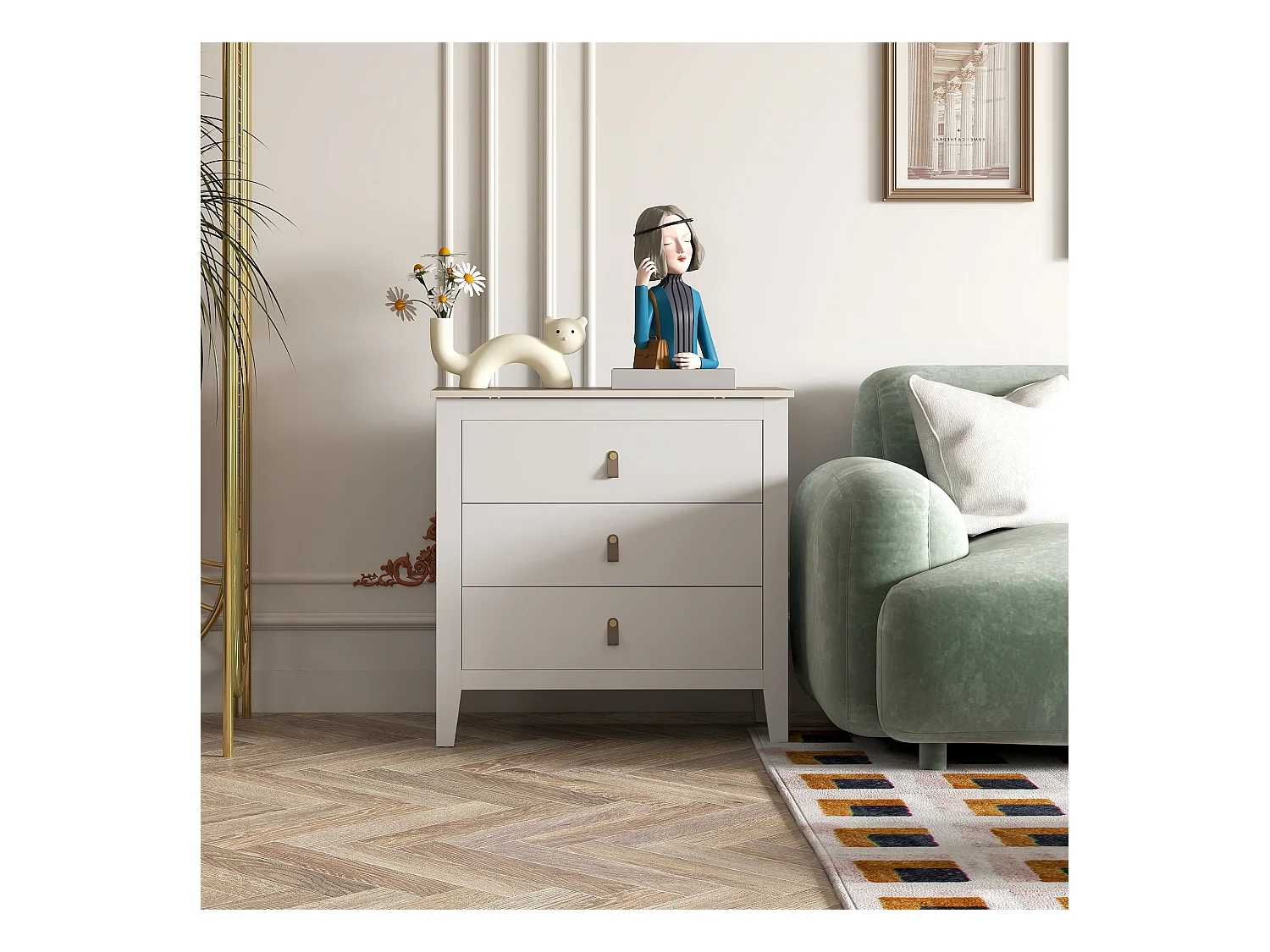 Cassettiera 3 cassetti con maniglie in finta pelle bianco