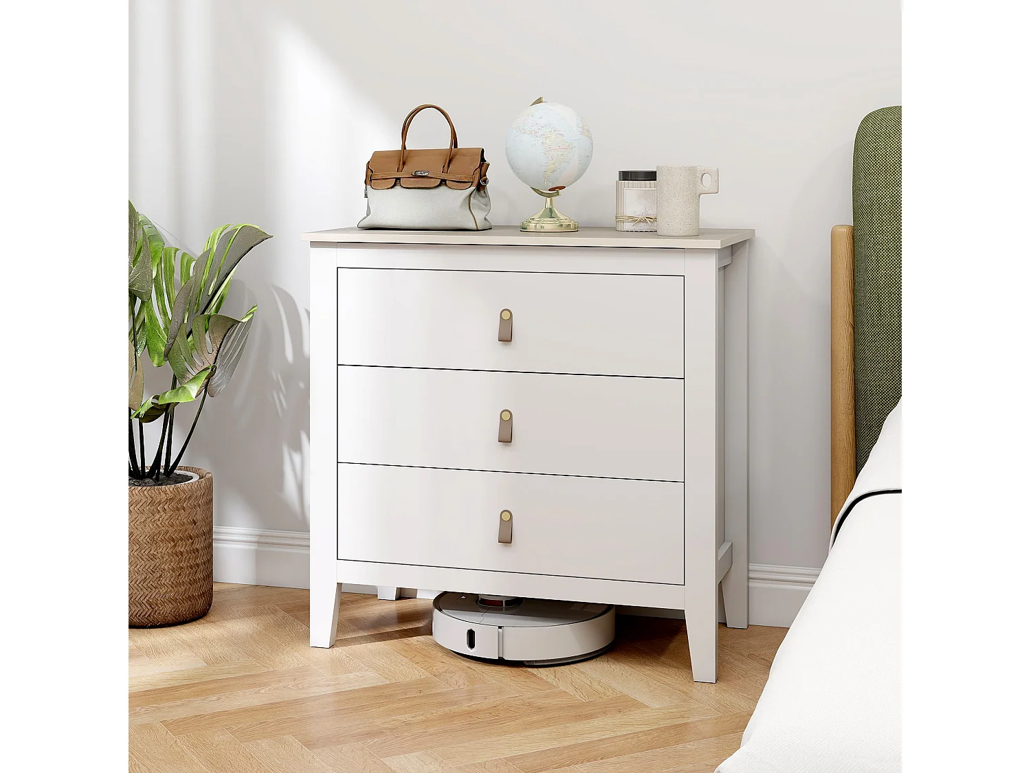 Cassettiera 3 cassetti con maniglie in finta pelle bianco