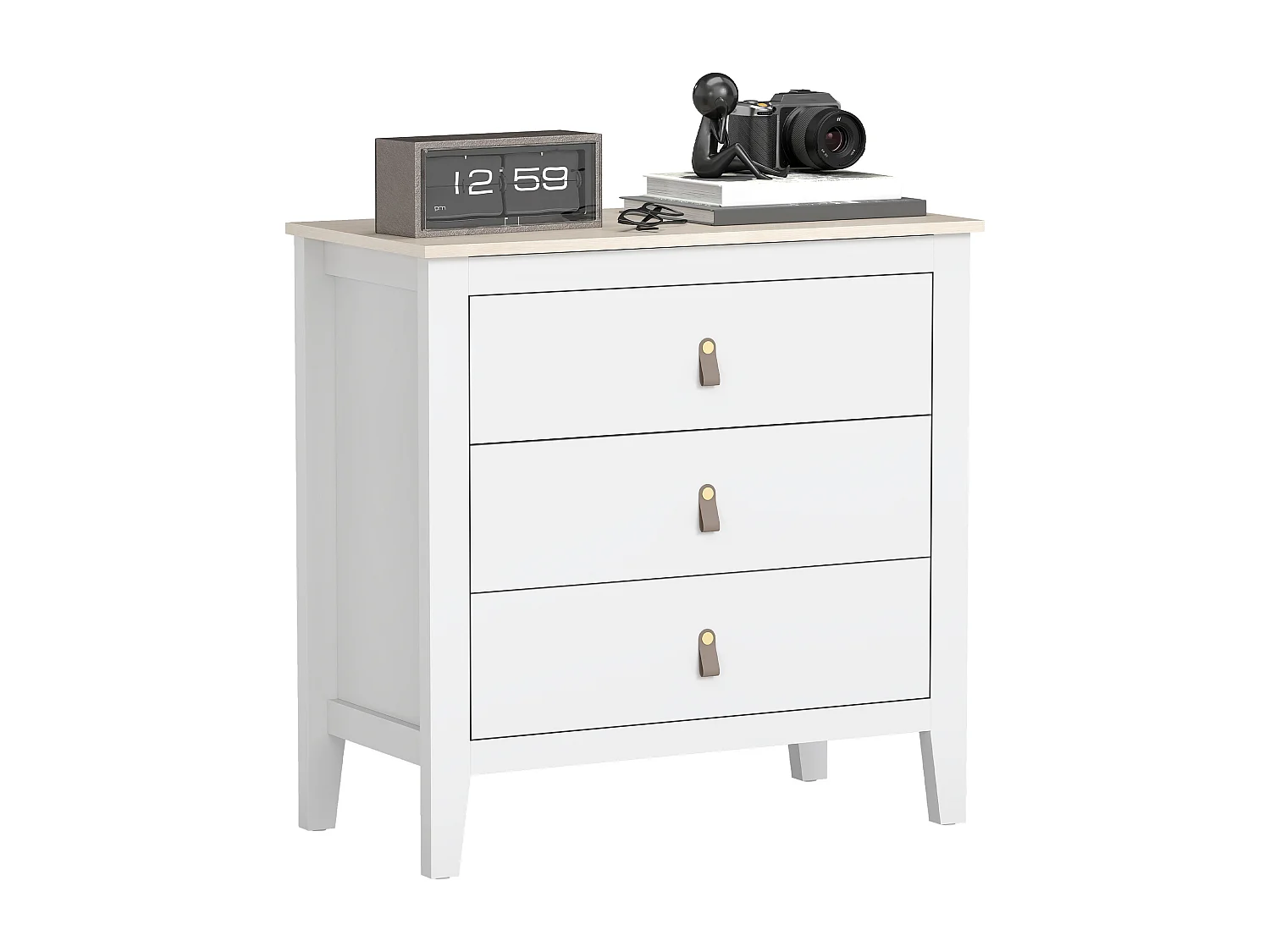 Cassettiera 3 cassetti con maniglie in finta pelle bianco