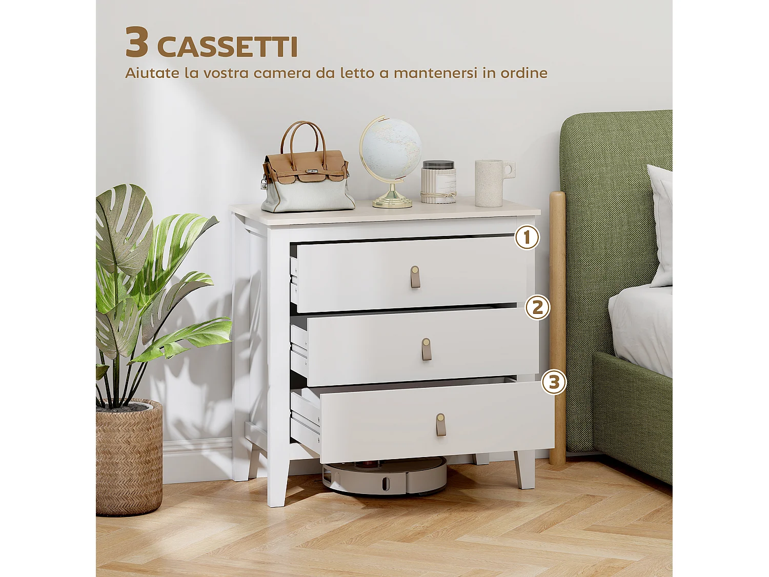 Cassettiera 3 cassetti con maniglie in finta pelle bianco