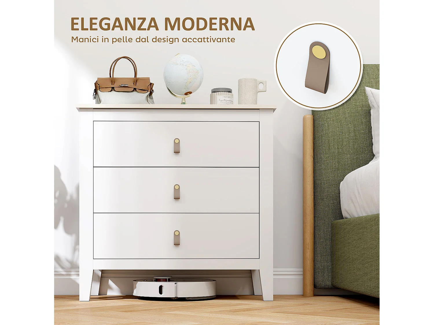 Cassettiera 3 cassetti con maniglie in finta pelle bianco