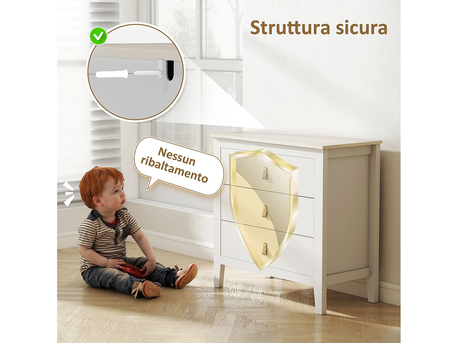 Cassettiera 3 cassetti con maniglie in finta pelle bianco