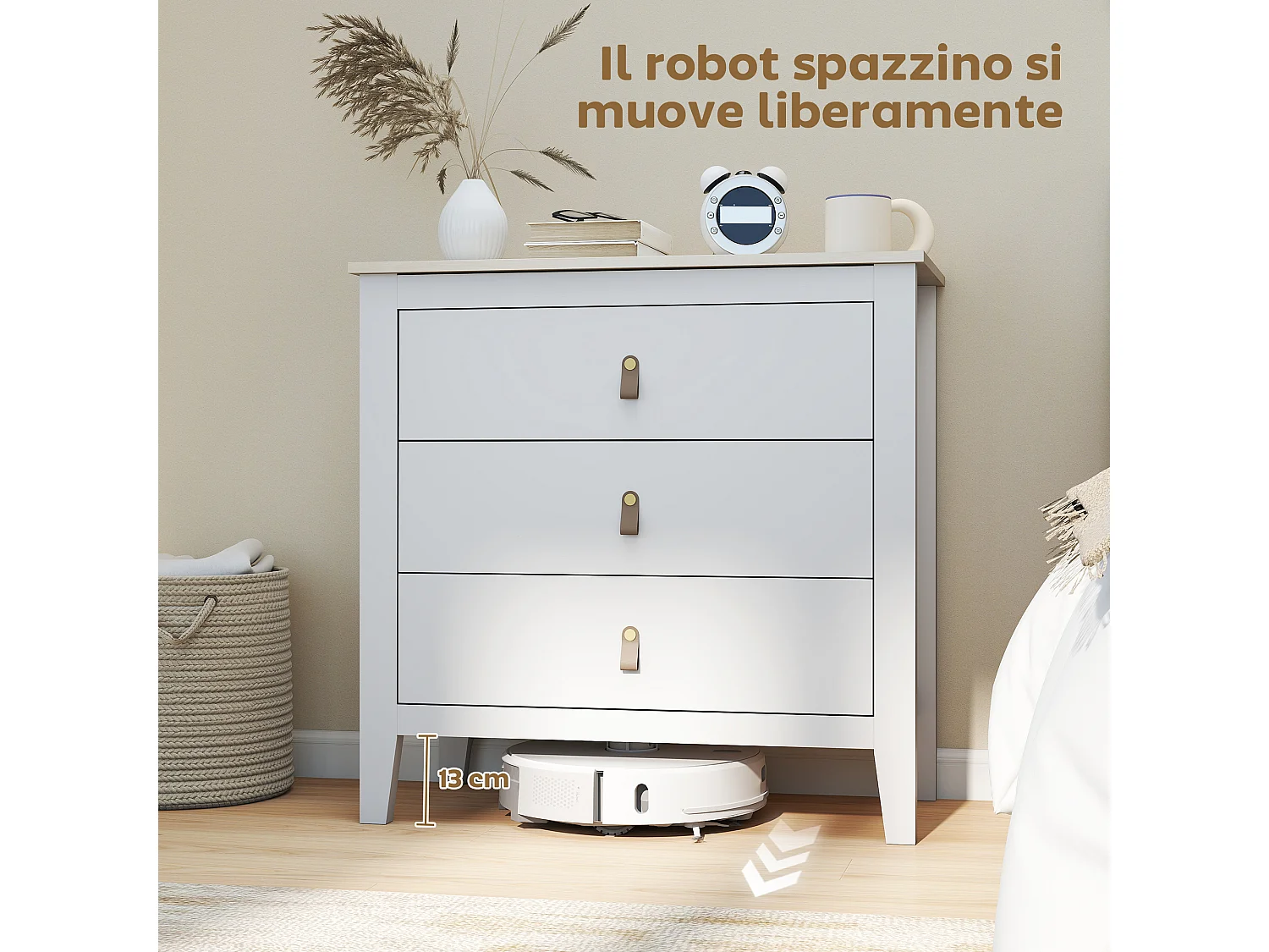 Cassettiera 3 cassetti con maniglie in finta pelle bianco