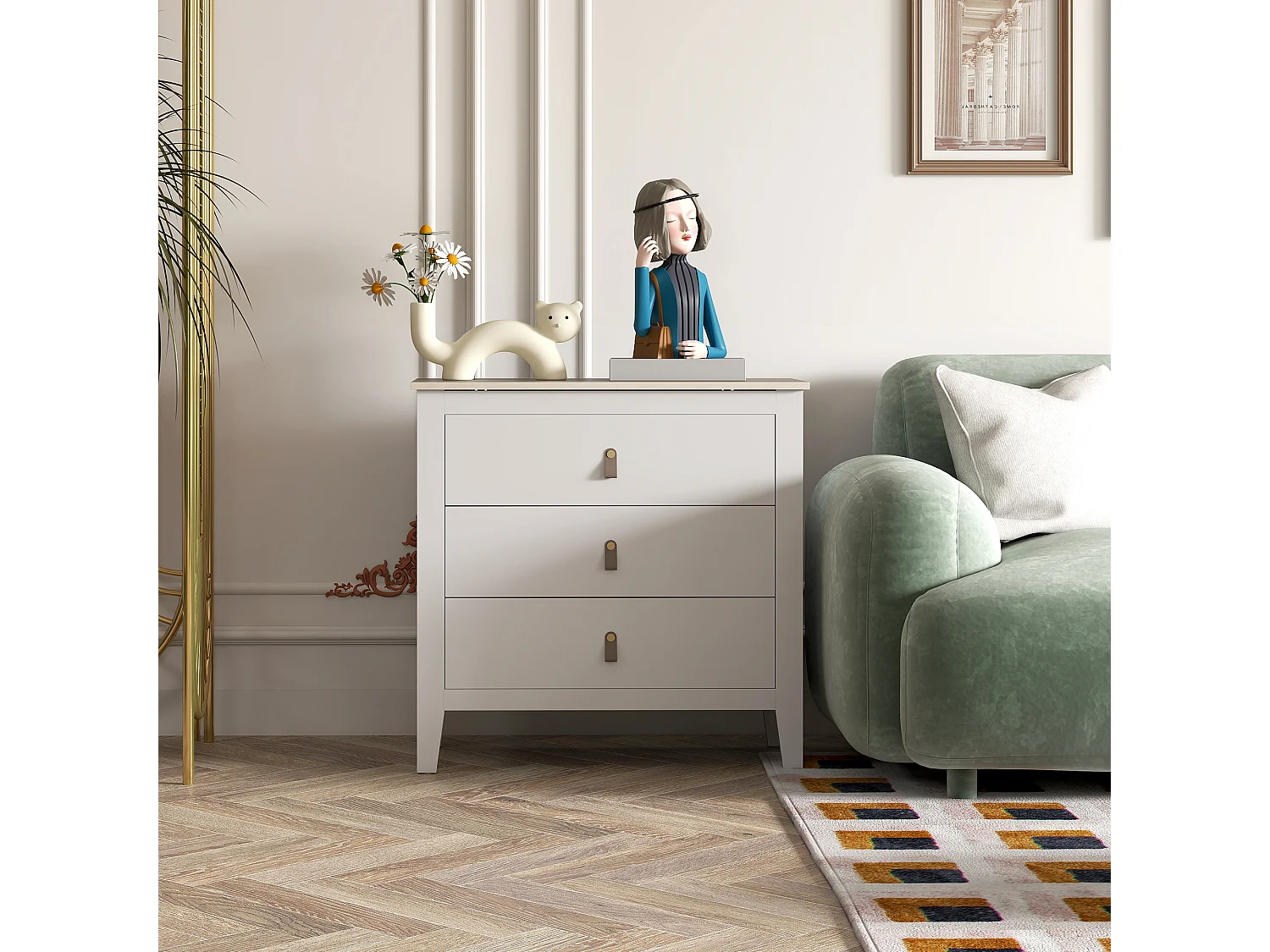 Cassettiera 3 cassetti con maniglie in finta pelle bianco