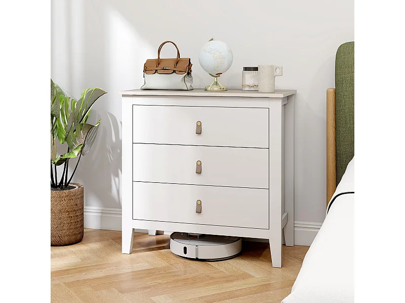 Cassettiera 3 cassetti con maniglie in finta pelle bianco