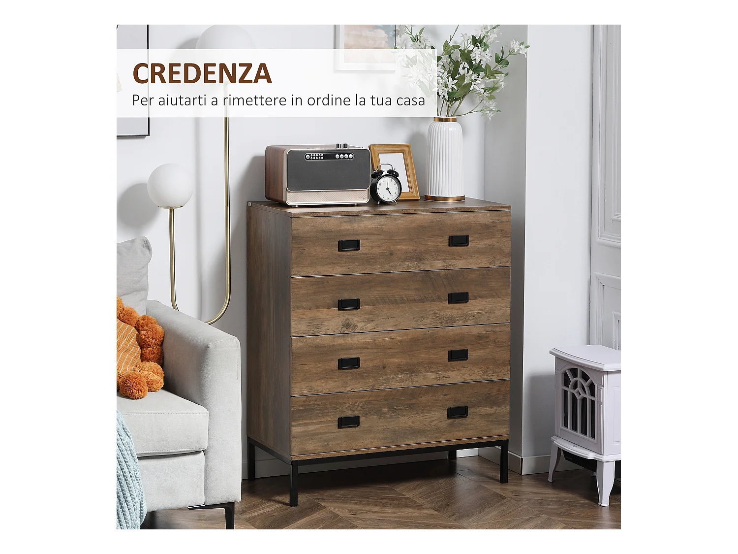 Cassettiera per camera da letto e soggiorno 4 cassetti marrone