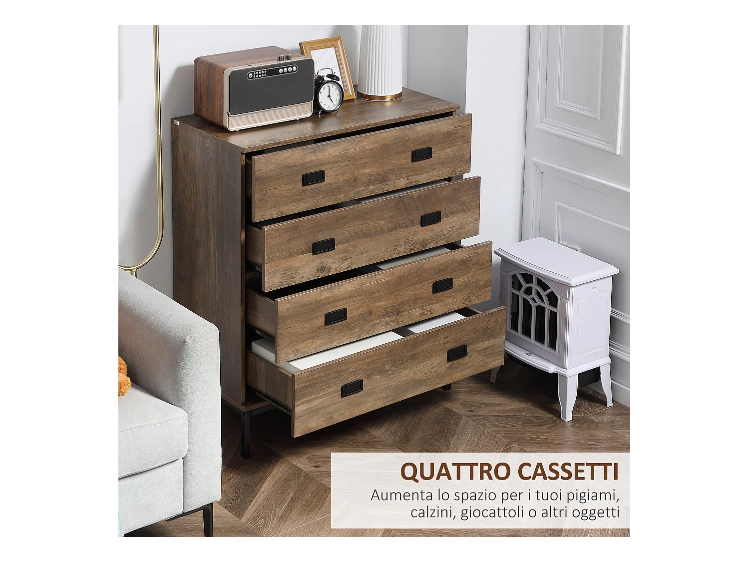 Cassettiera per camera da letto e soggiorno 4 cassetti marrone