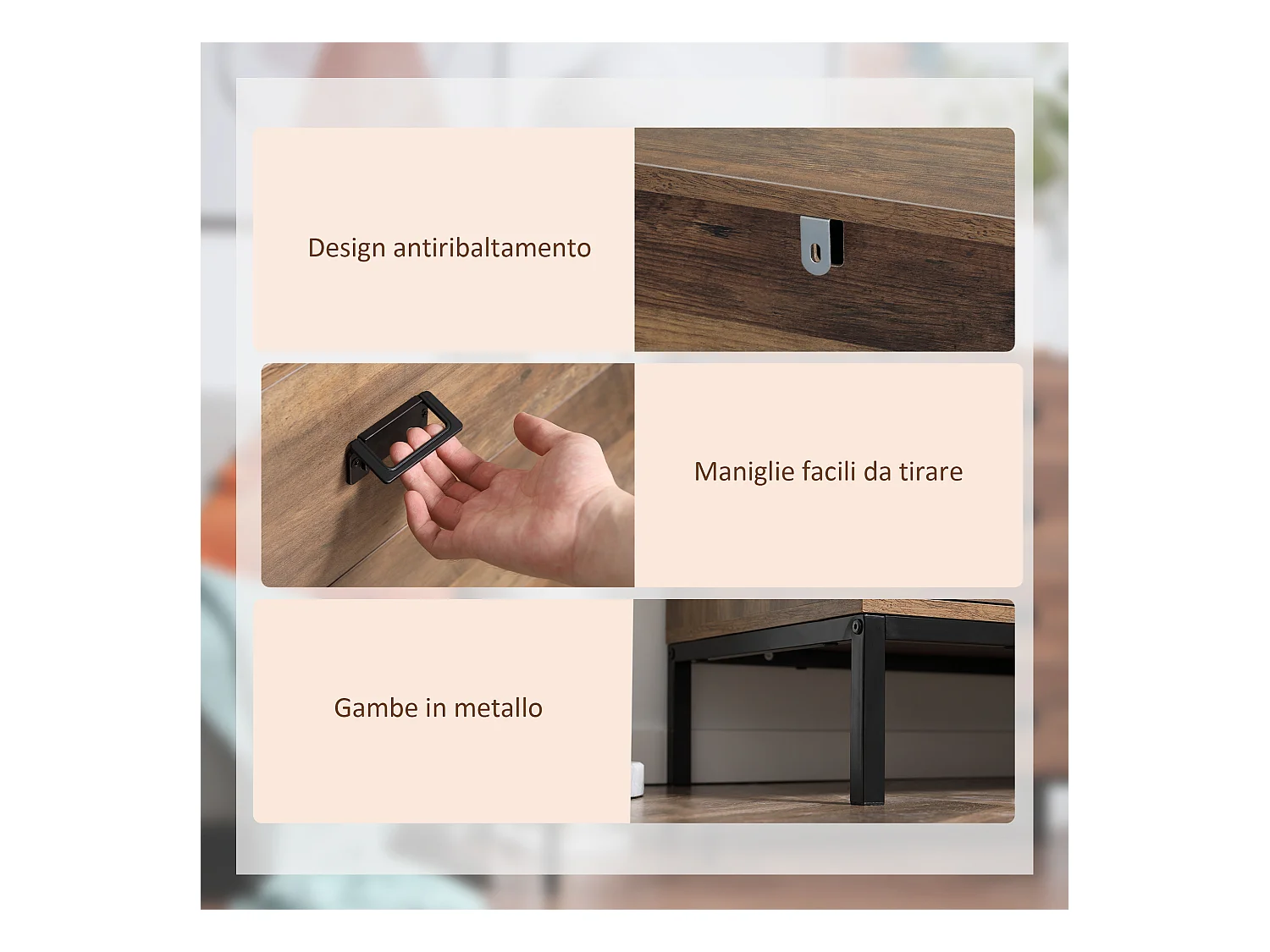 Cassettiera per camera da letto e soggiorno 4 cassetti marrone