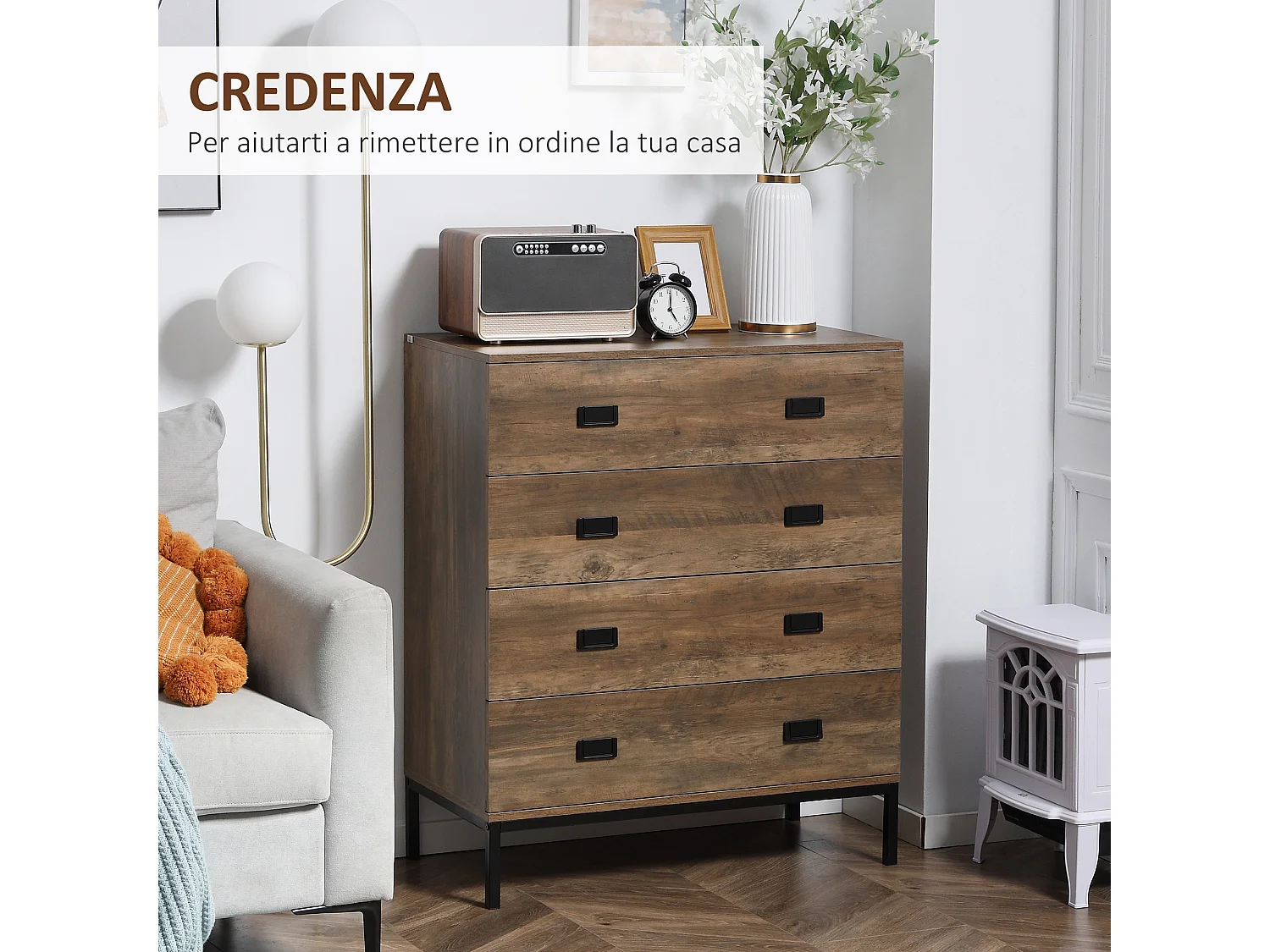 Cassettiera per camera da letto e soggiorno 4 cassetti marrone