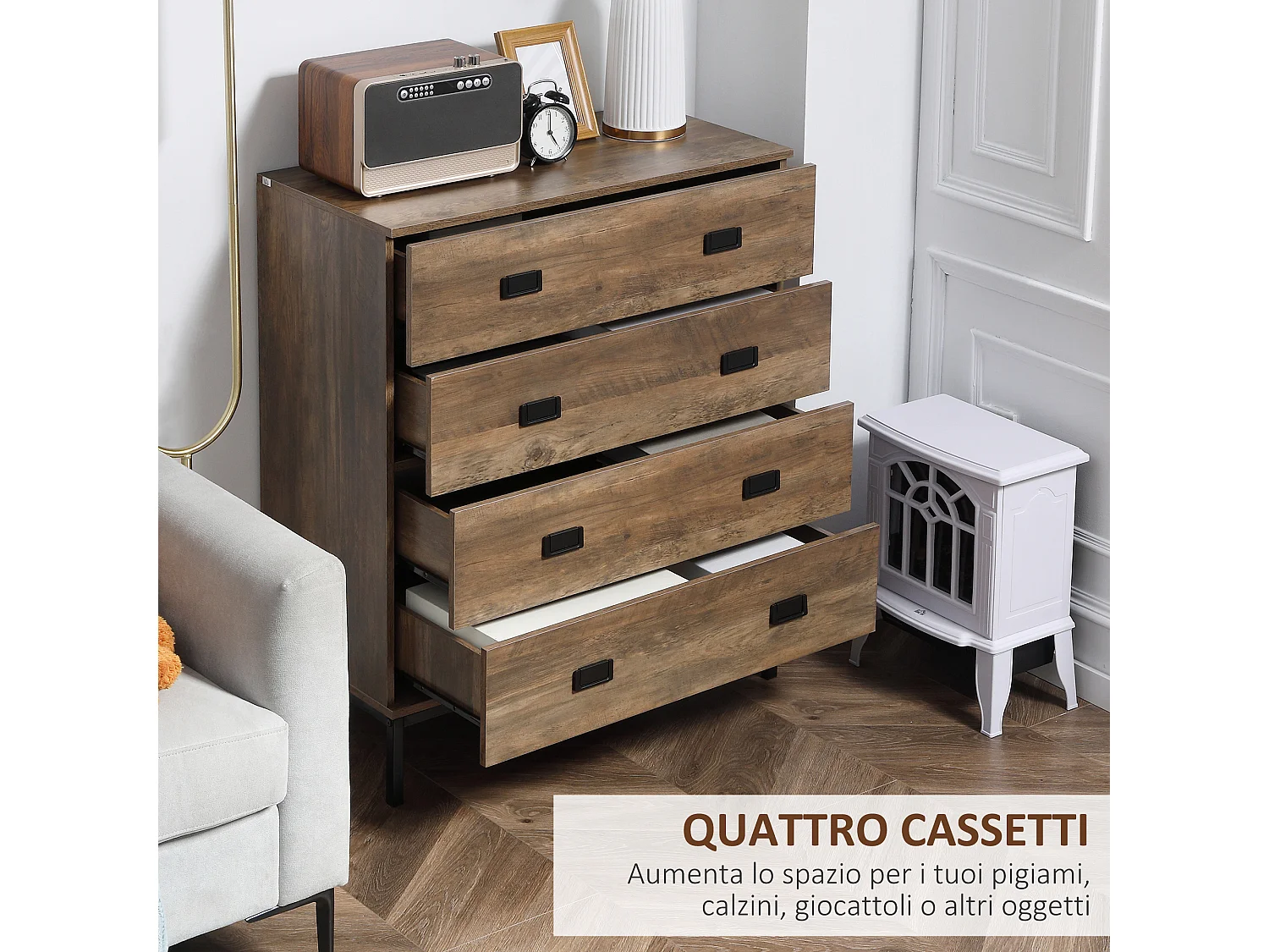 Cassettiera per camera da letto e soggiorno 4 cassetti marrone