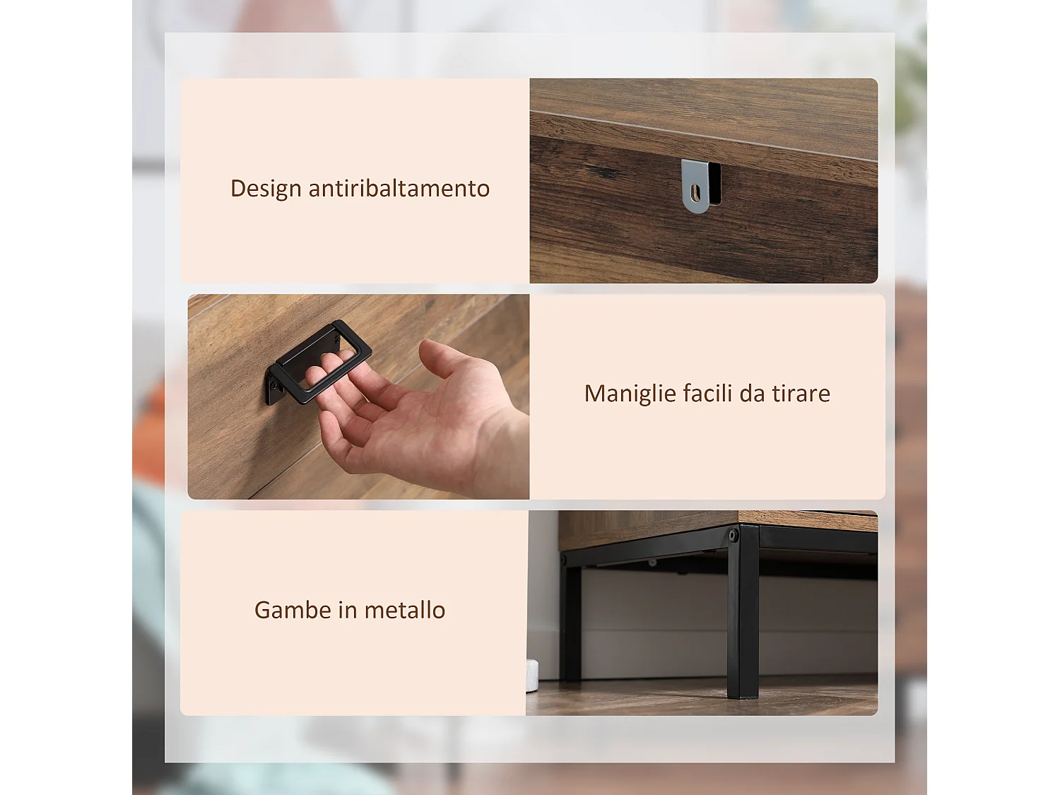 Cassettiera per camera da letto e soggiorno 4 cassetti marrone