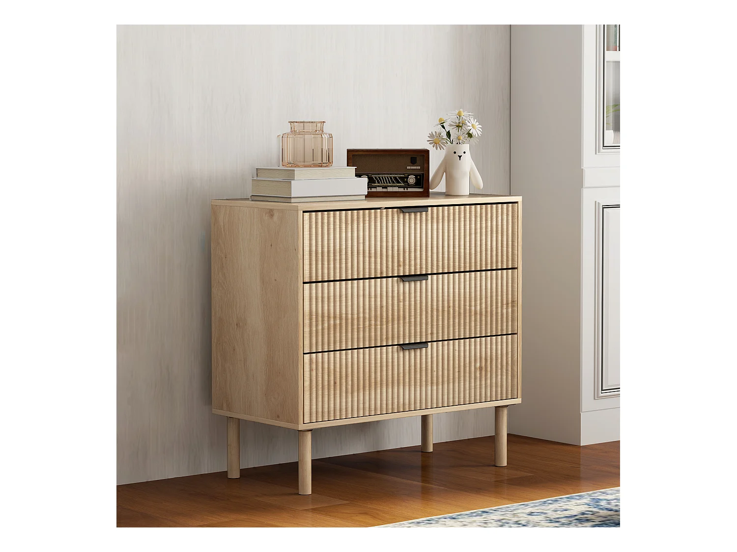 Cassettiera 3 cassetti per camera stile nordico in legno rovere