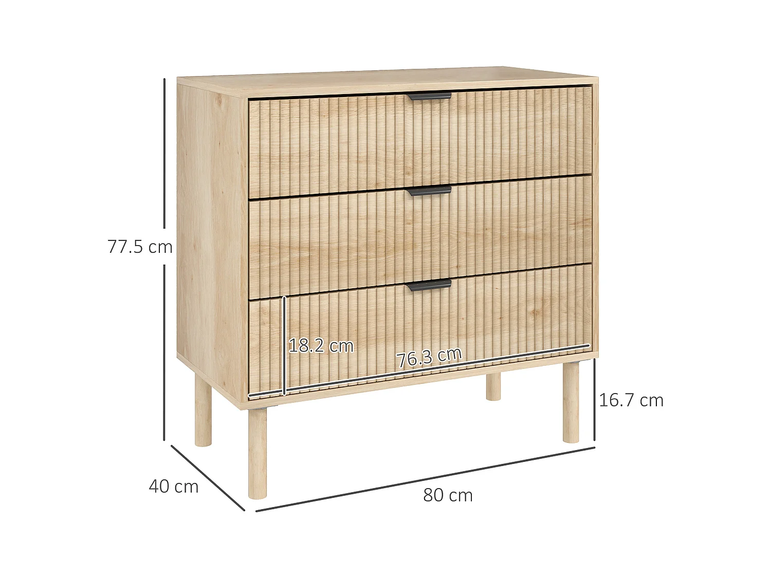 Cassettiera 3 cassetti per camera stile nordico in legno rovere