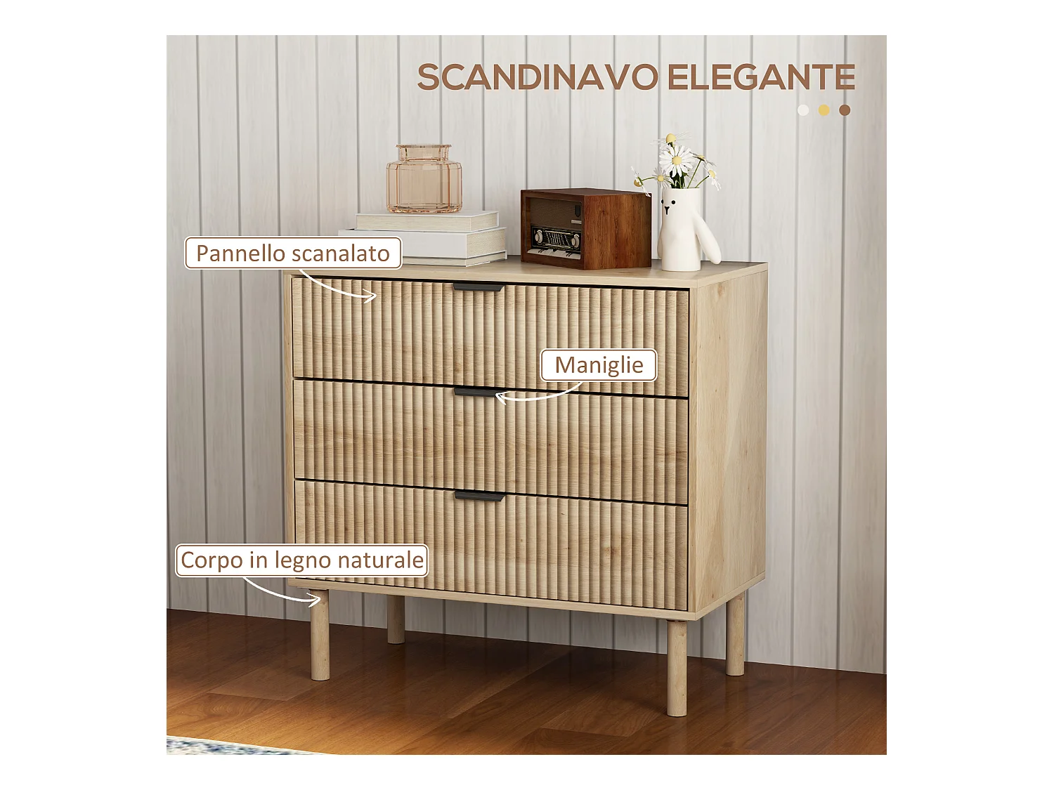 Cassettiera 3 cassetti per camera stile nordico in legno rovere