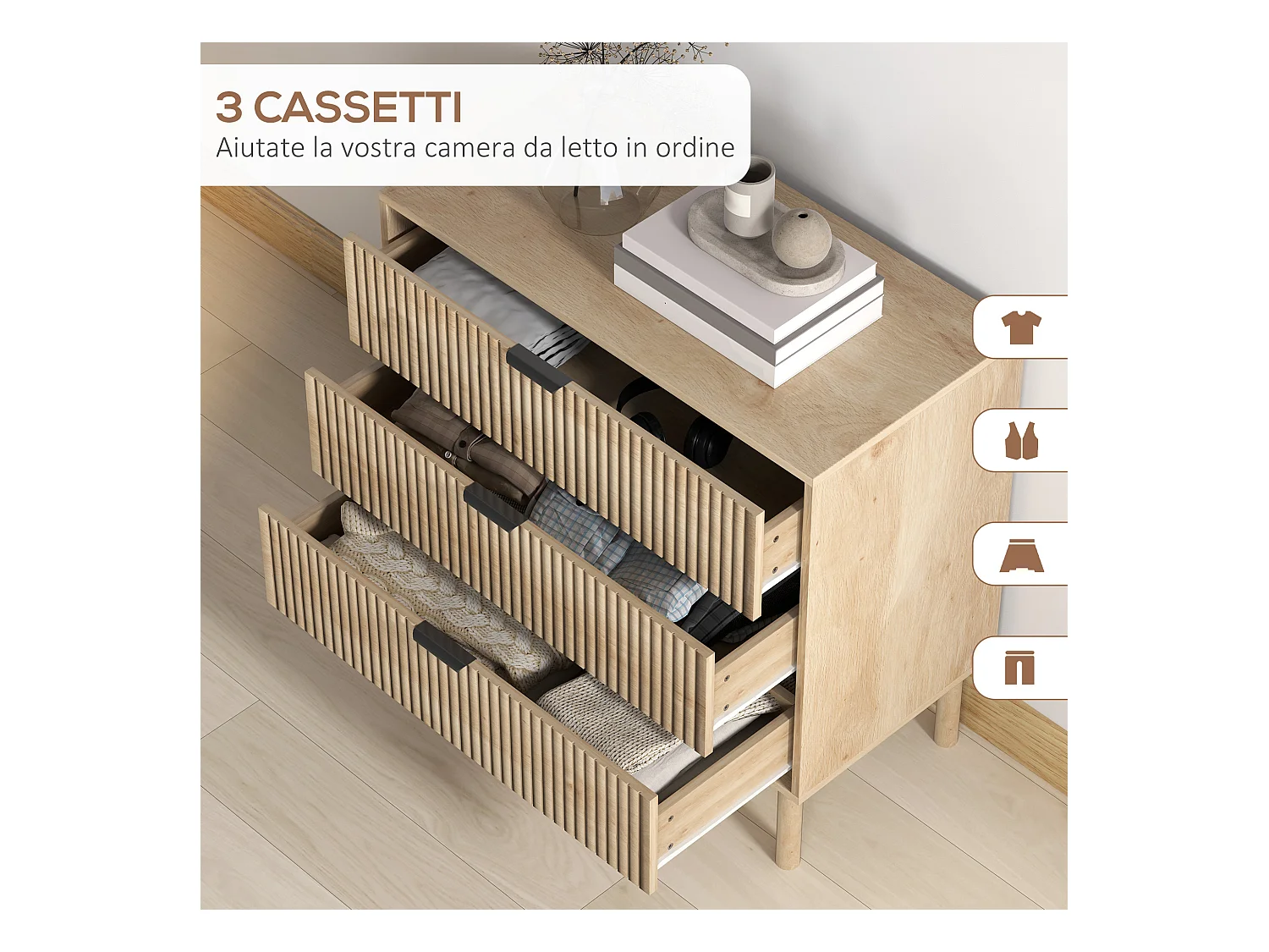 Cassettiera 3 cassetti per camera stile nordico in legno rovere
