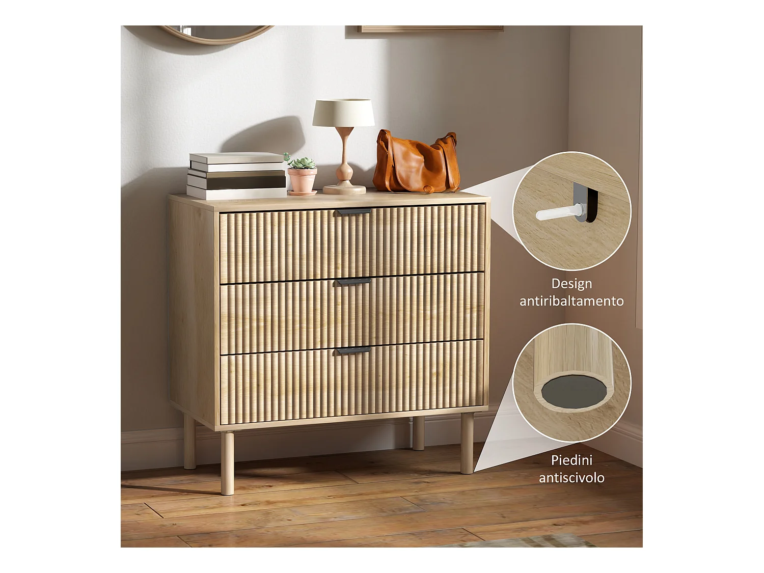 Cassettiera 3 cassetti per camera stile nordico in legno rovere