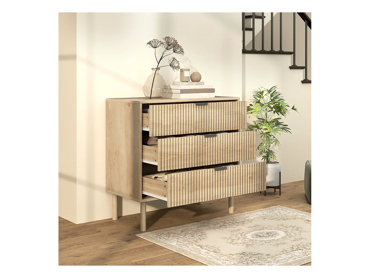 Cassettiera 3 cassetti per camera stile nordico in legno rovere