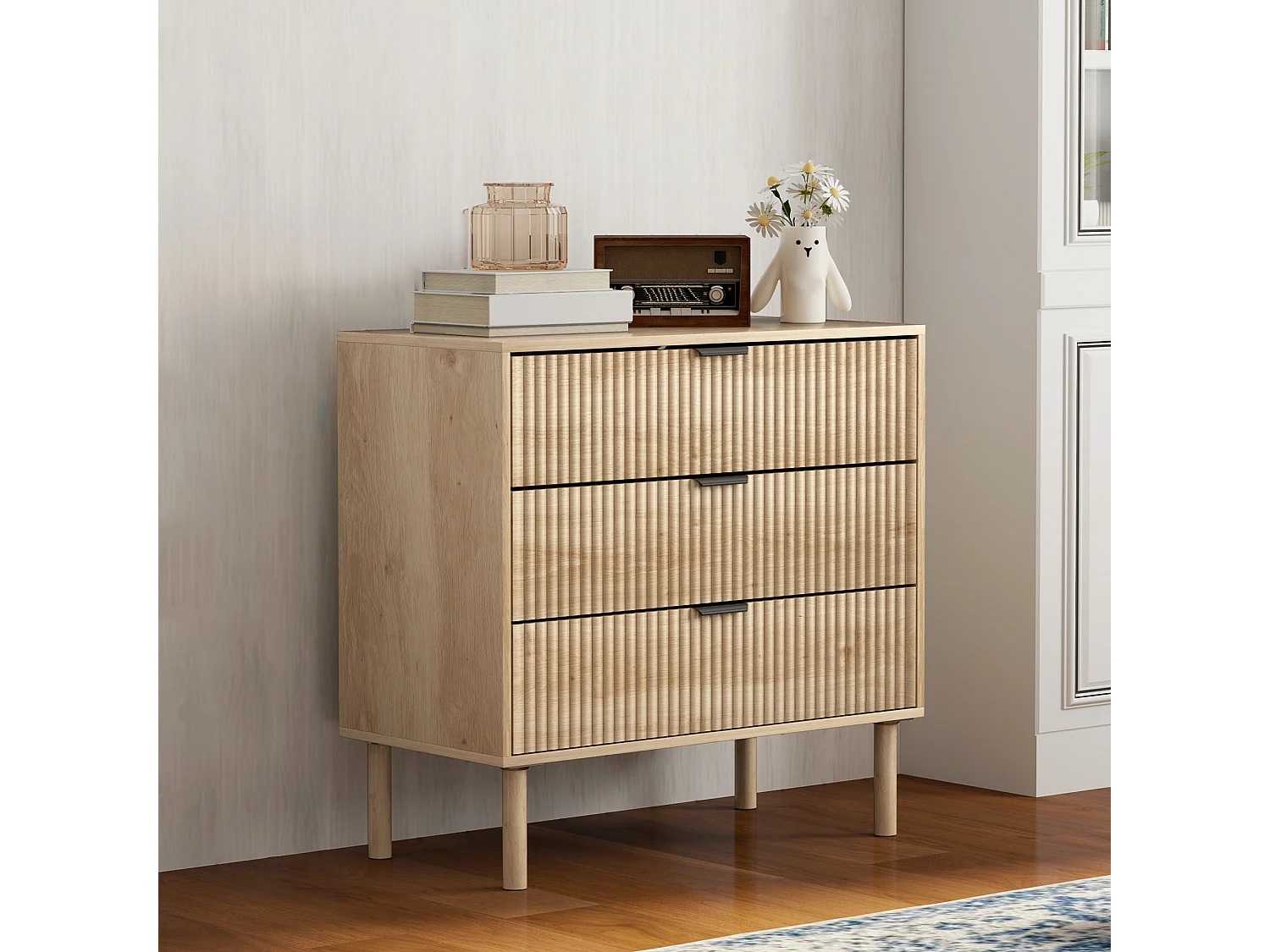 Cassettiera 3 cassetti per camera stile nordico in legno rovere