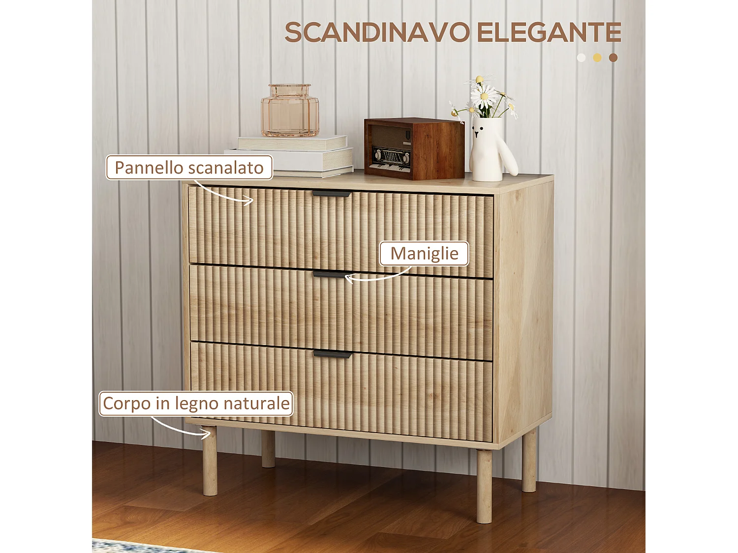 Cassettiera 3 cassetti per camera stile nordico in legno rovere