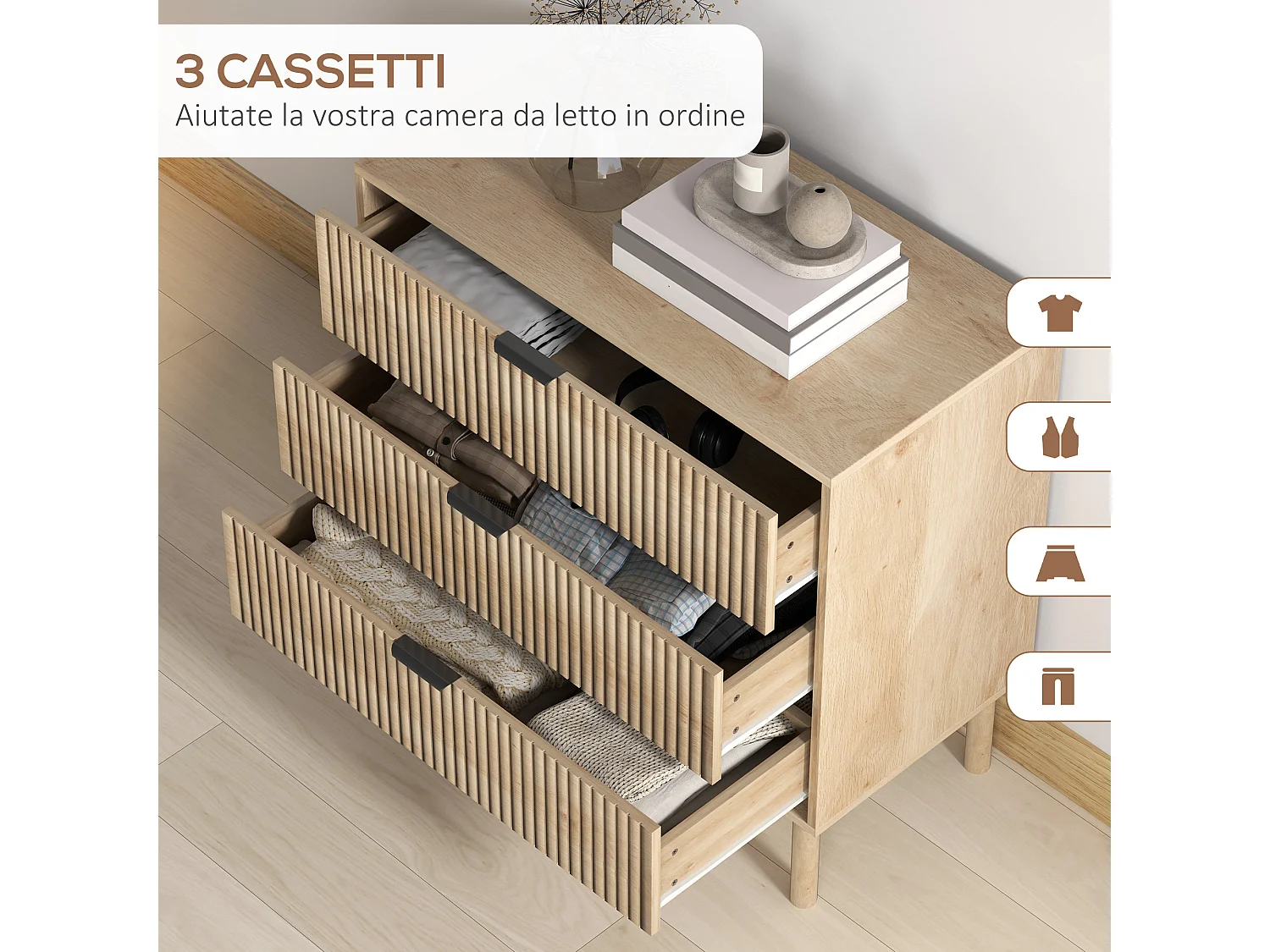 Cassettiera 3 cassetti per camera stile nordico in legno rovere
