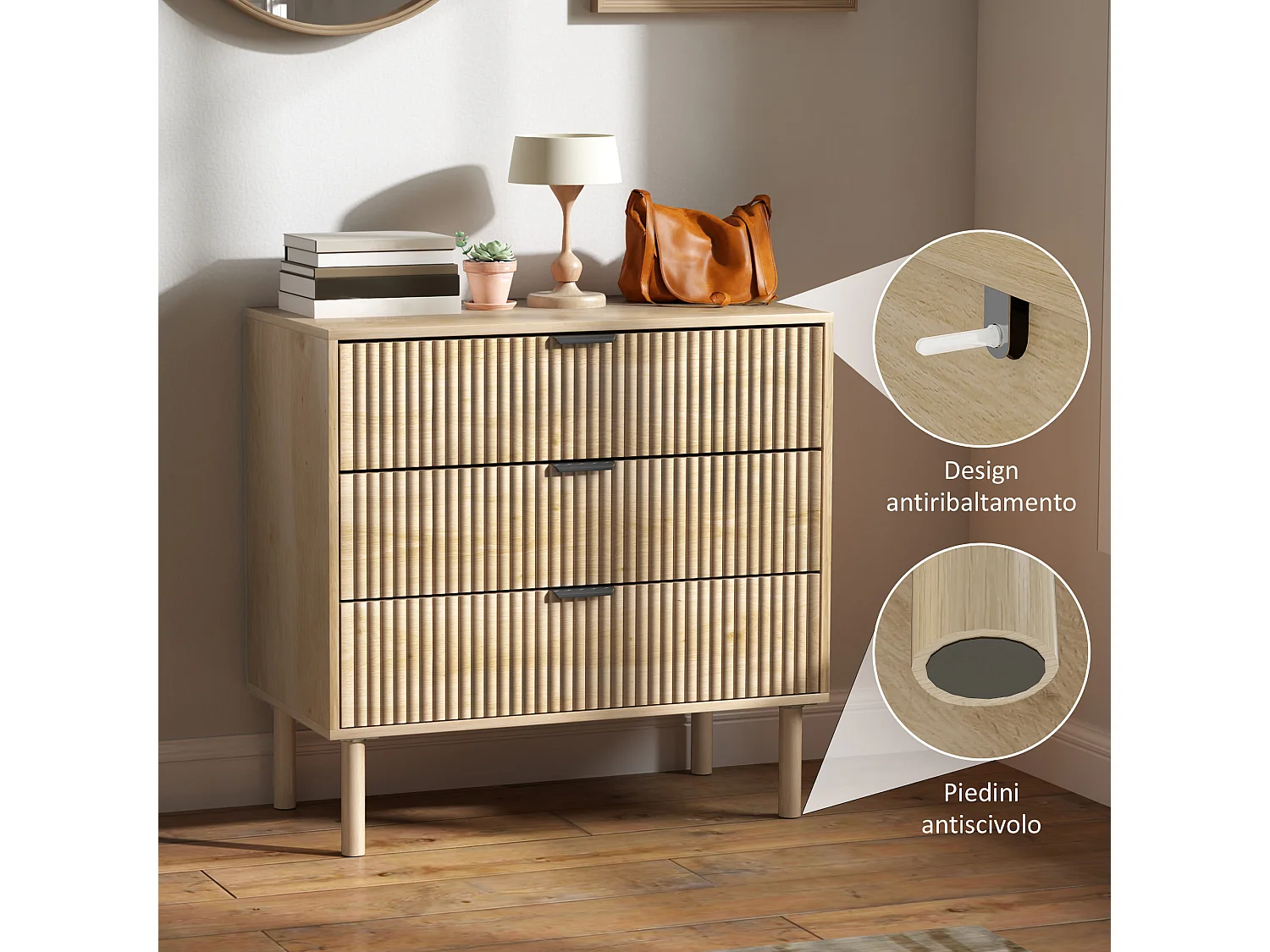 Cassettiera 3 cassetti per camera stile nordico in legno rovere