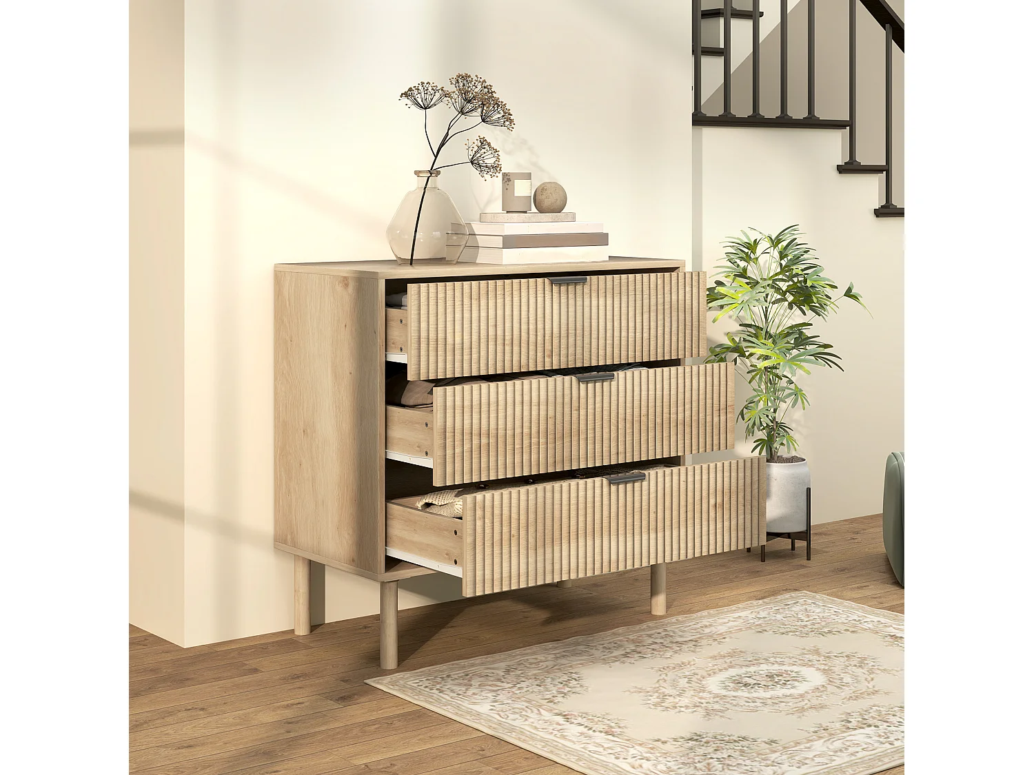 Cassettiera 3 cassetti per camera stile nordico in legno rovere