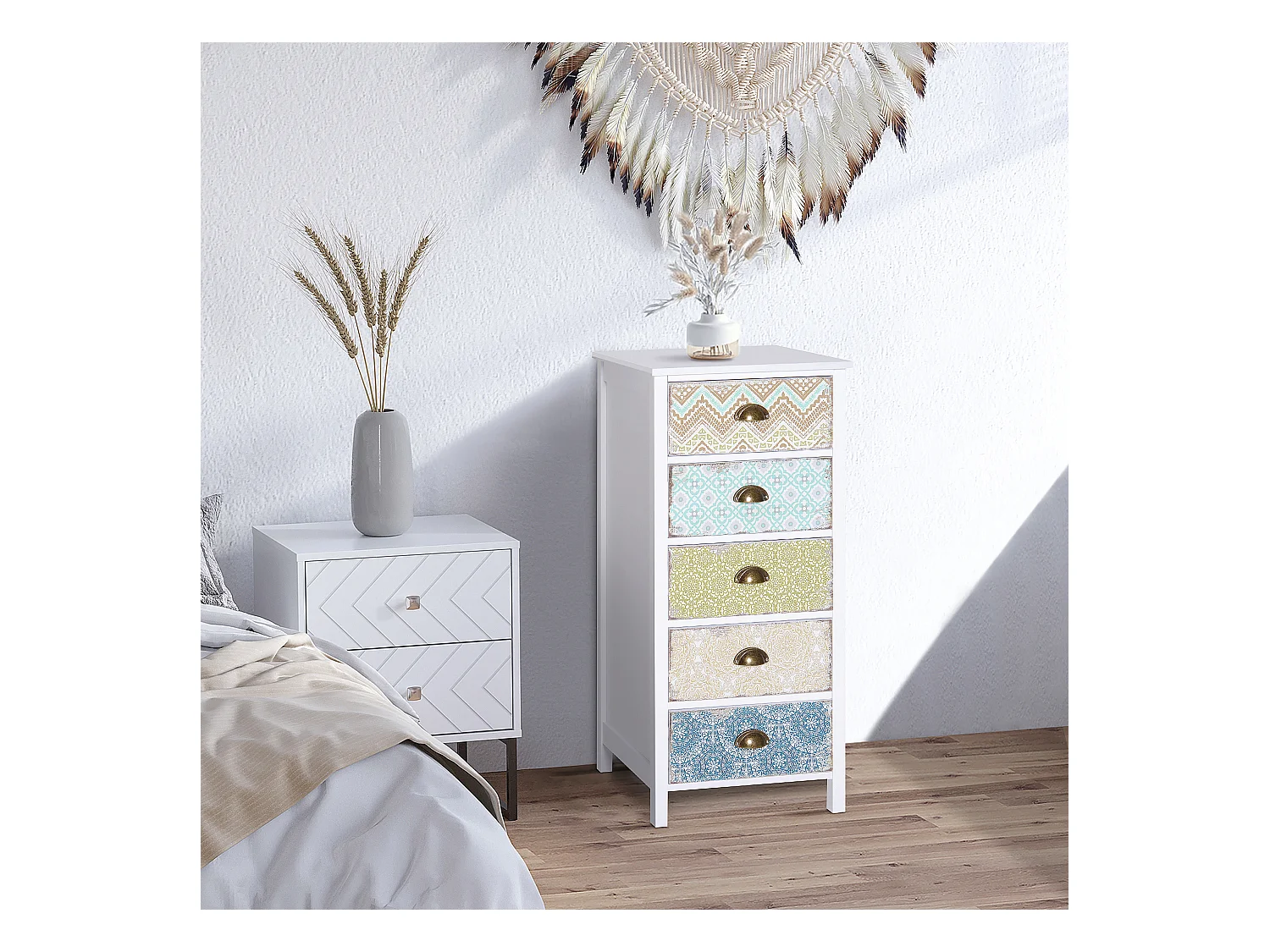 Cassettiera mobiletto vintage con cassetti stile in legno bianco