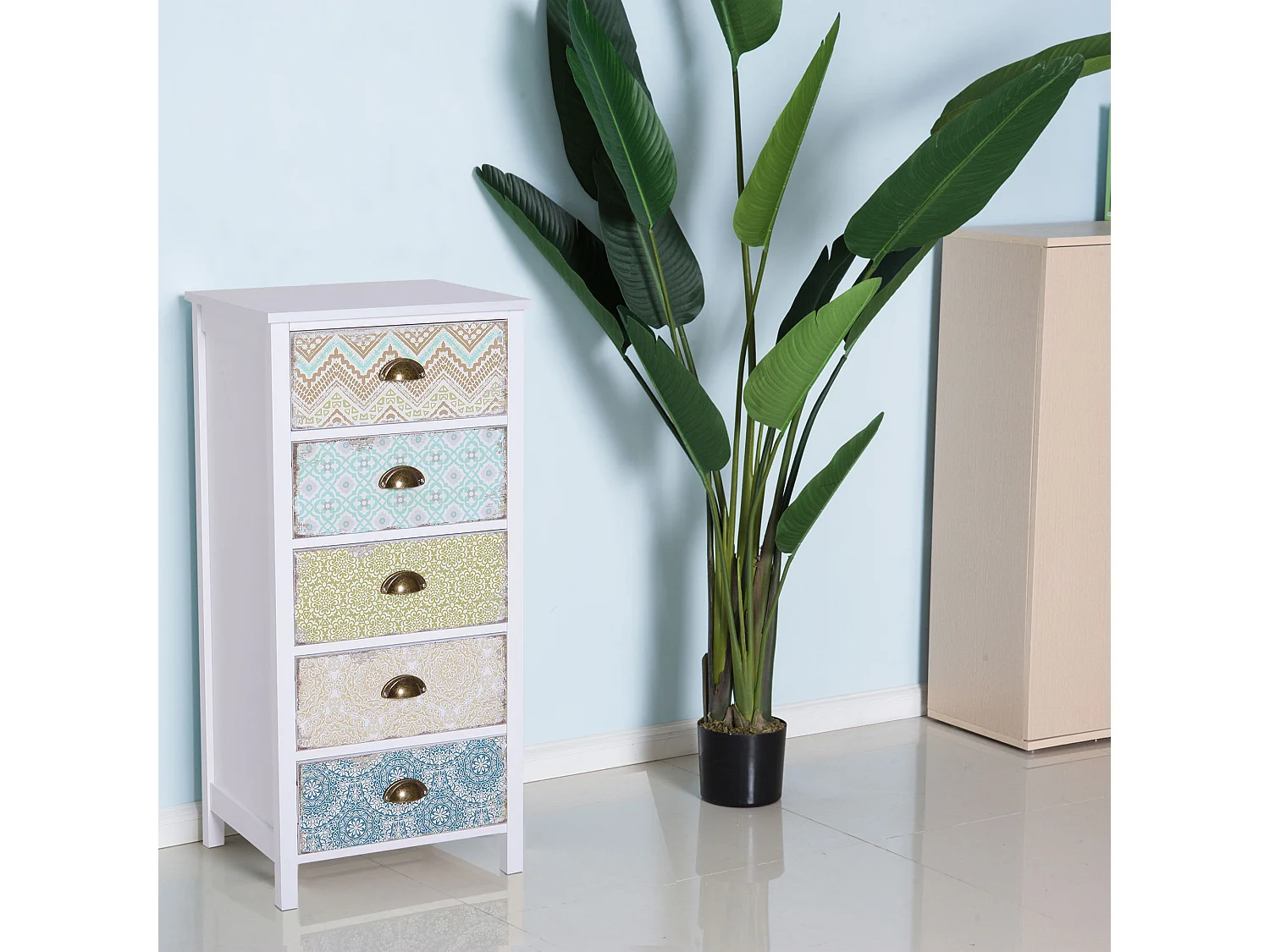 Cassettiera mobiletto vintage con cassetti stile in legno bianco