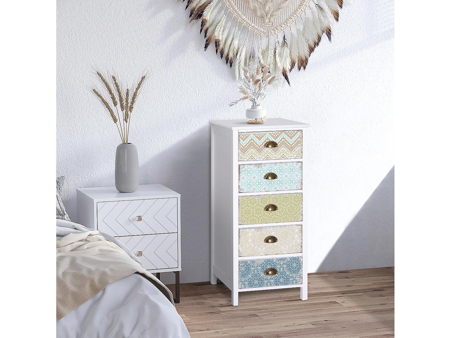 Cassettiera mobiletto vintage con cassetti stile in legno bianco