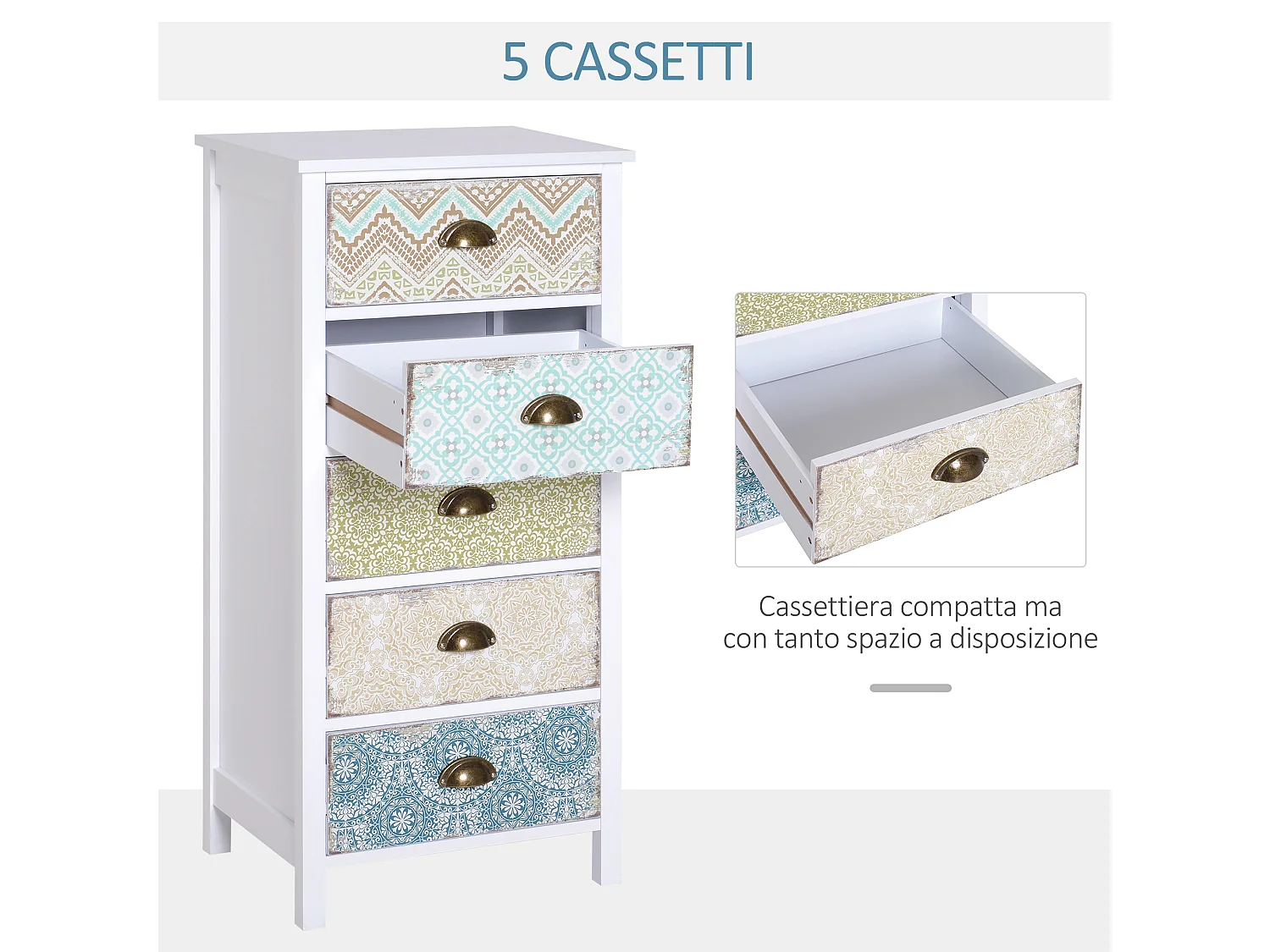 Cassettiera mobiletto vintage con cassetti stile in legno bianco