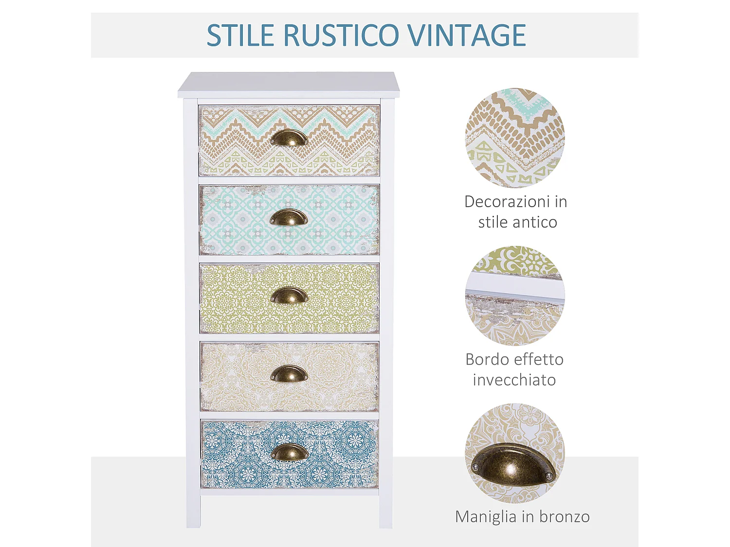 Cassettiera mobiletto vintage con cassetti stile in legno bianco