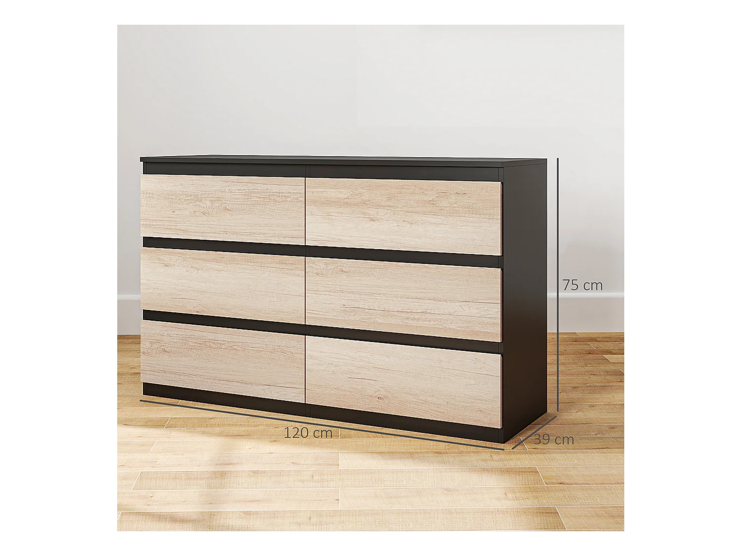 Cassettiera 6 cassetti per camera da letto nera e color legno