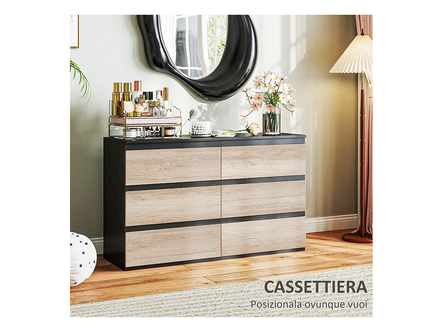 Cassettiera 6 cassetti per camera da letto nera e color legno