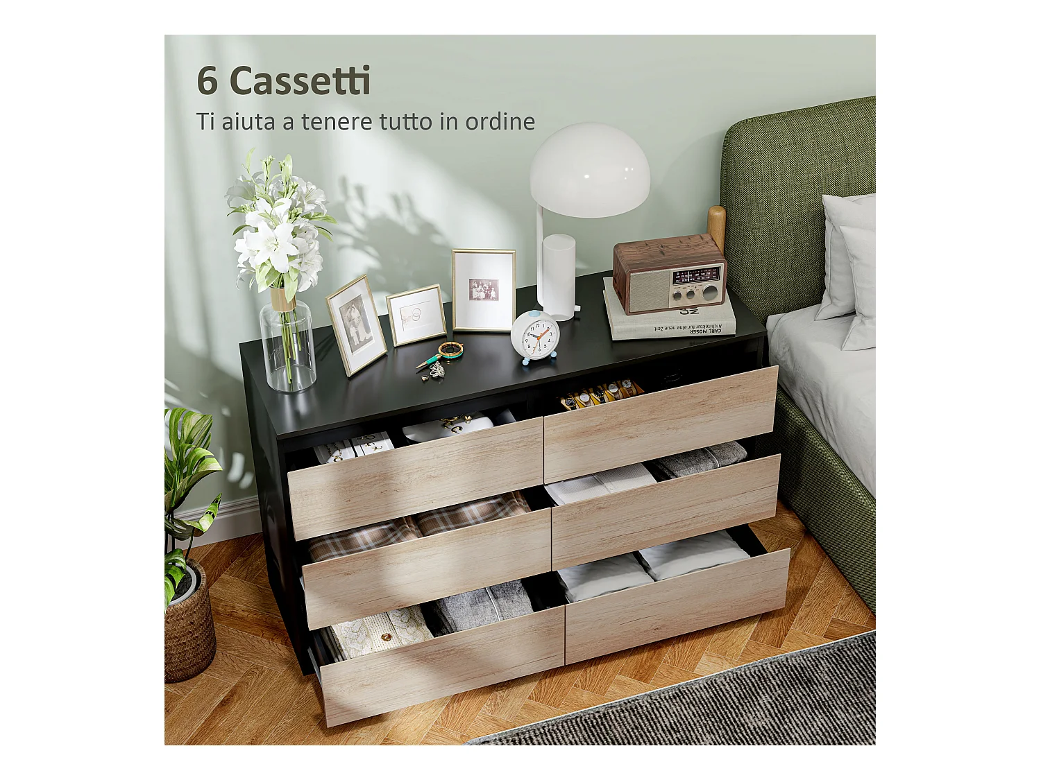 Cassettiera 6 cassetti per camera da letto nera e color legno