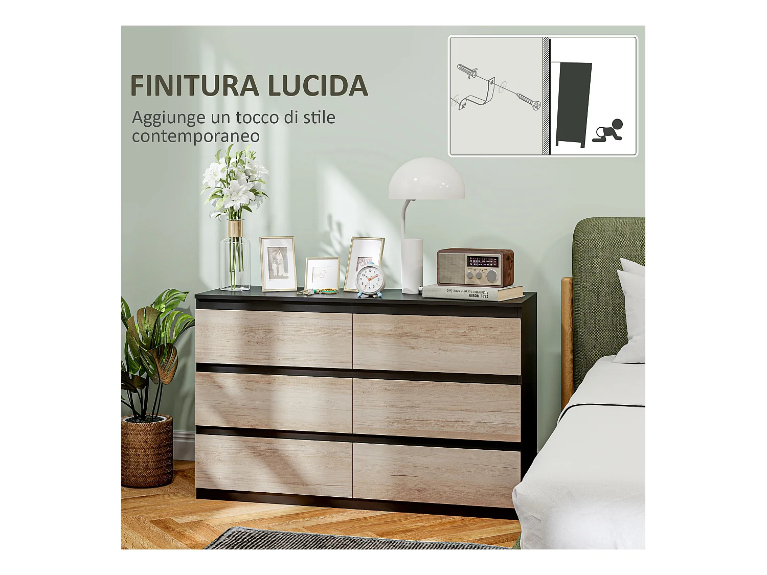 Cassettiera 6 cassetti per camera da letto nera e color legno