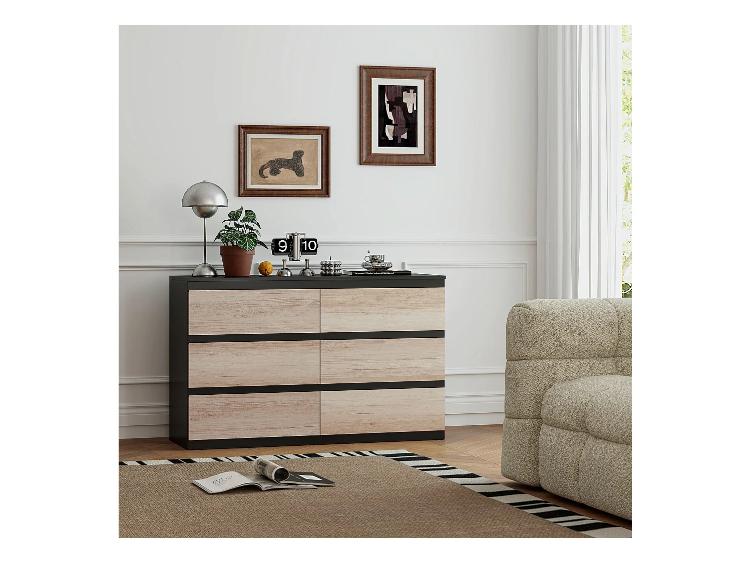 Cassettiera 6 cassetti per camera da letto nera e color legno