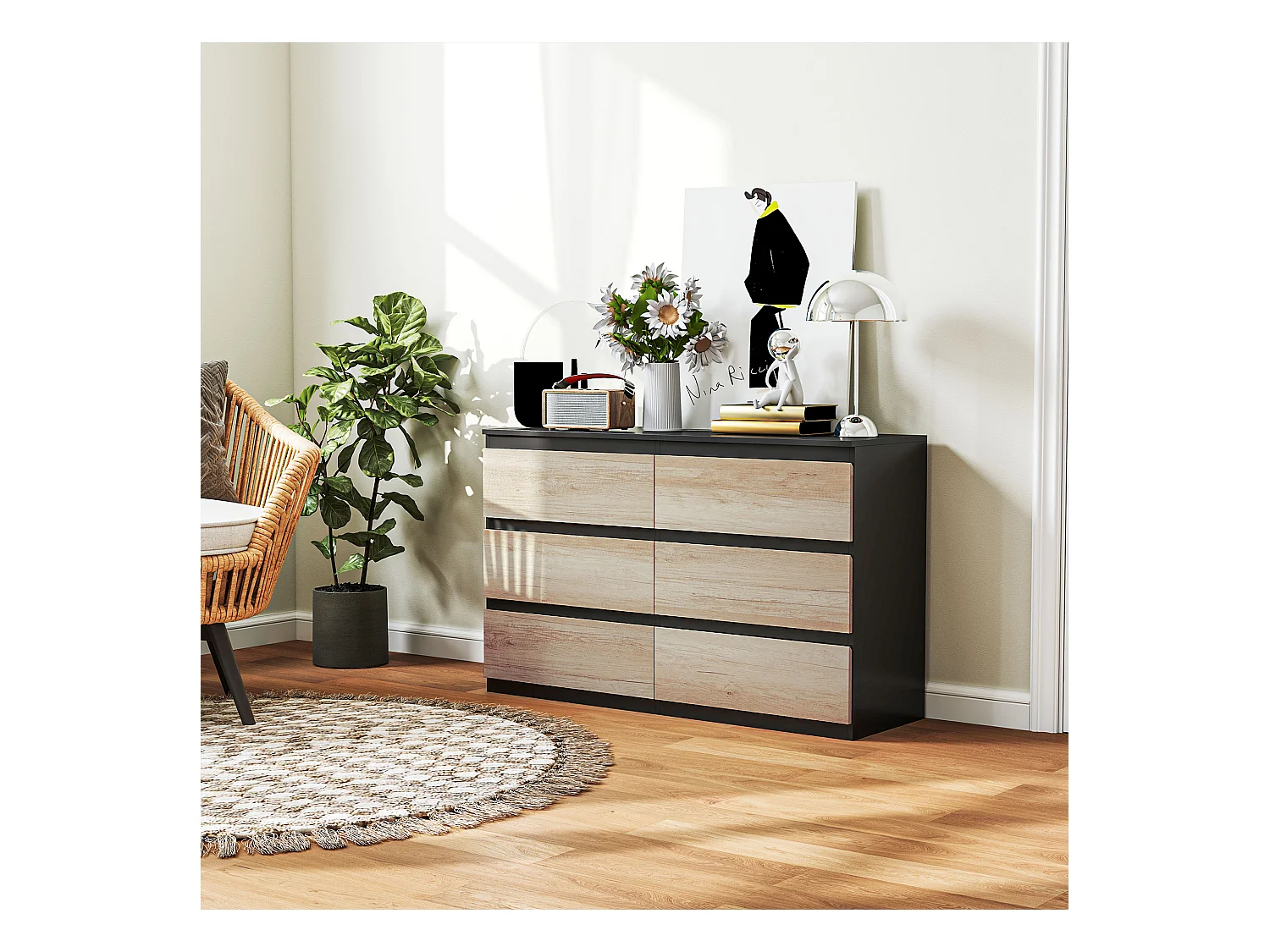 Cassettiera 6 cassetti per camera da letto nera e color legno
