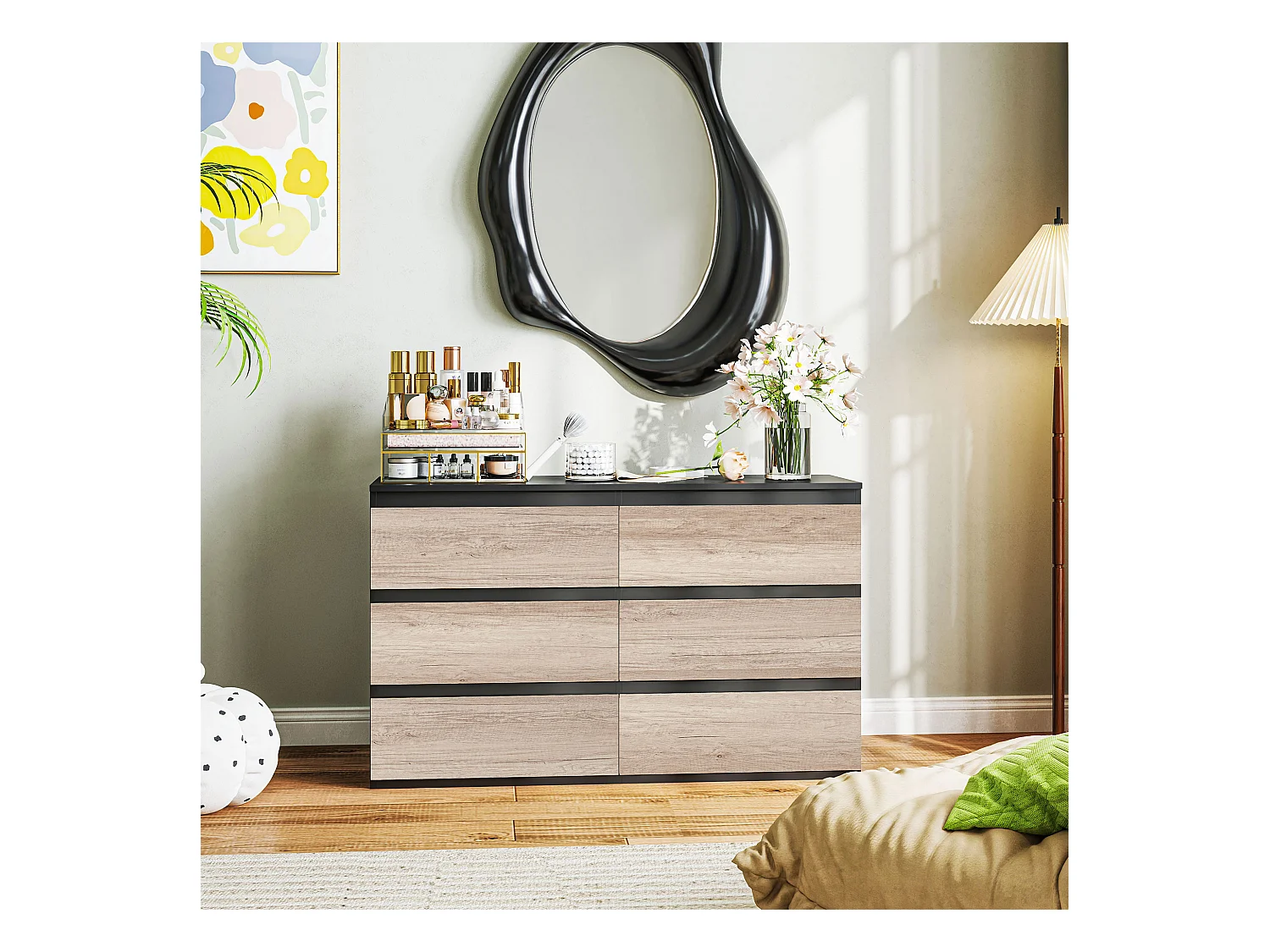 Cassettiera 6 cassetti per camera da letto nera e color legno