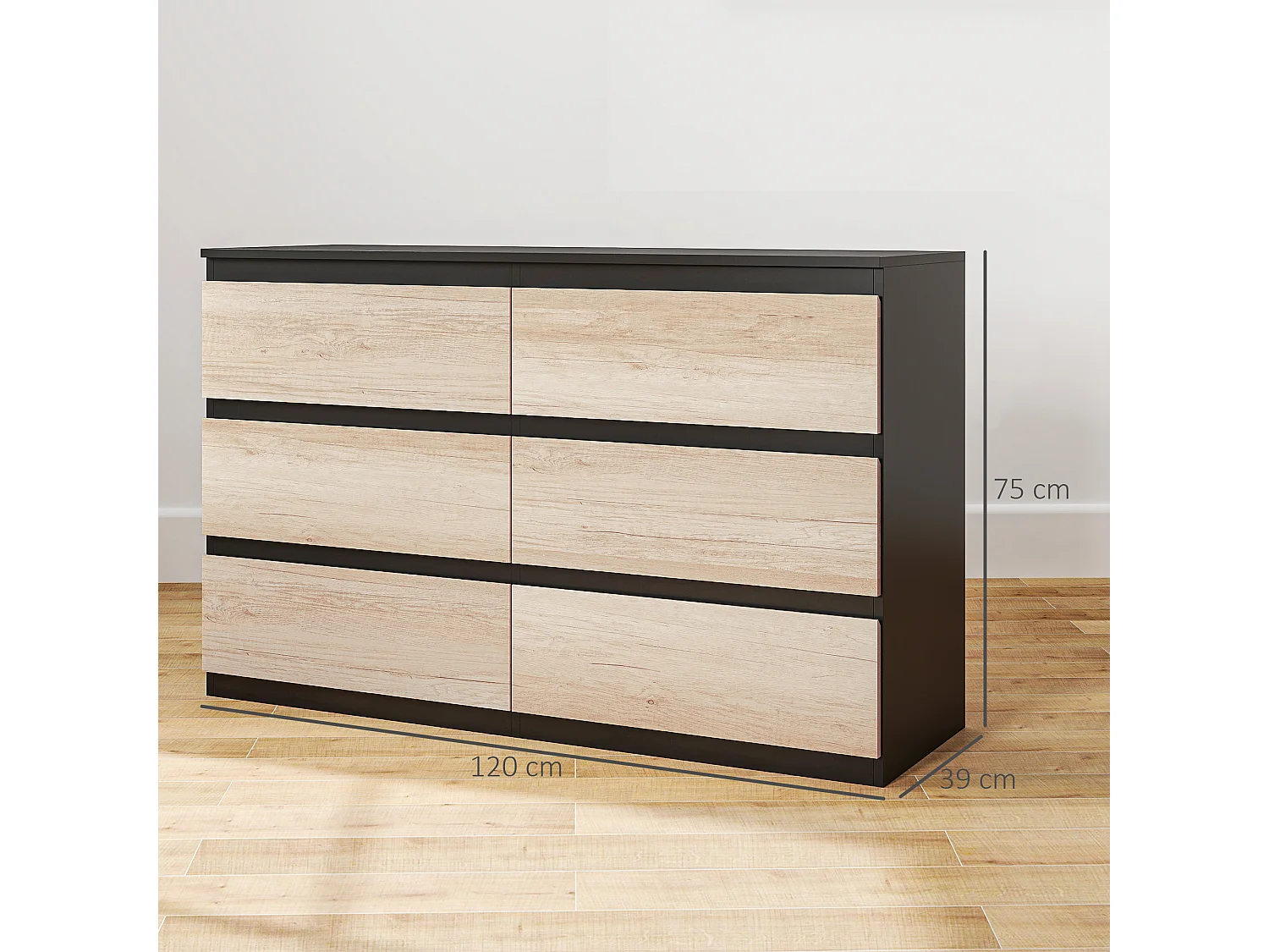 Cassettiera 6 cassetti per camera da letto nera e color legno