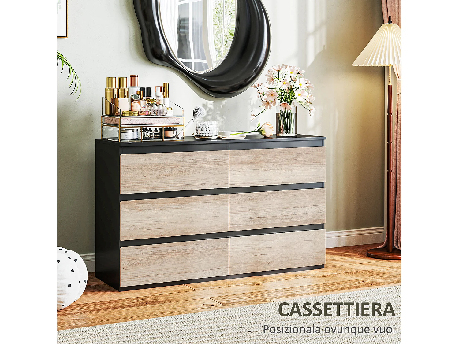 Cassettiera 6 cassetti per camera da letto nera e color legno