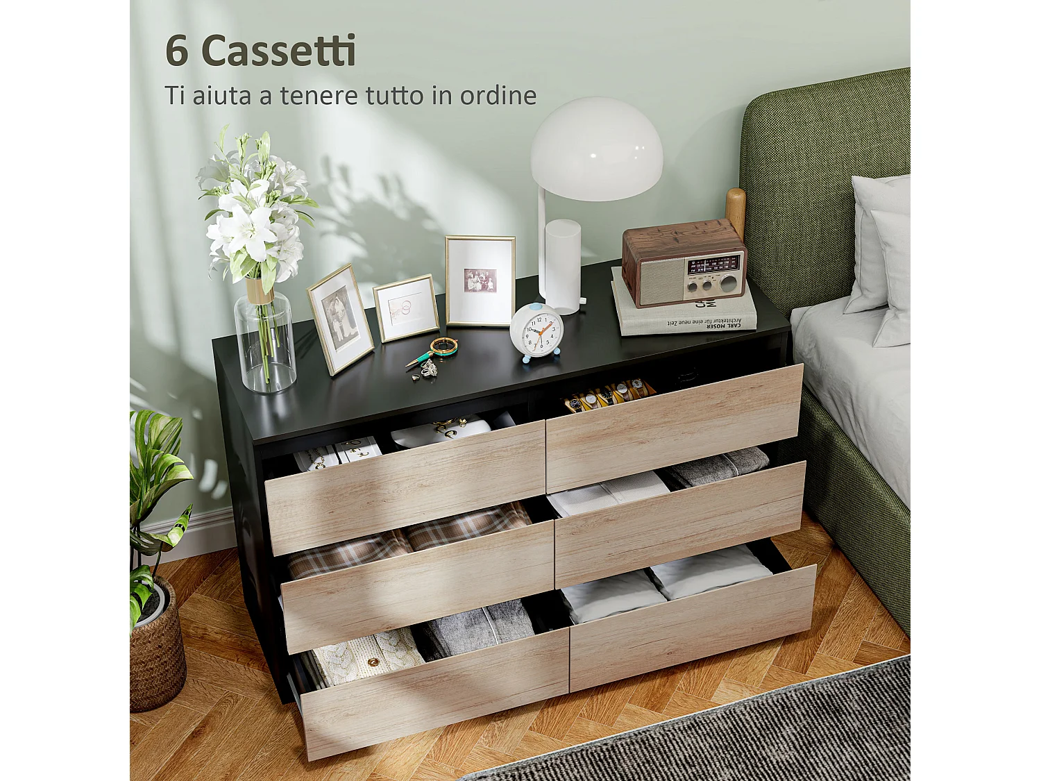 Cassettiera 6 cassetti per camera da letto nera e color legno